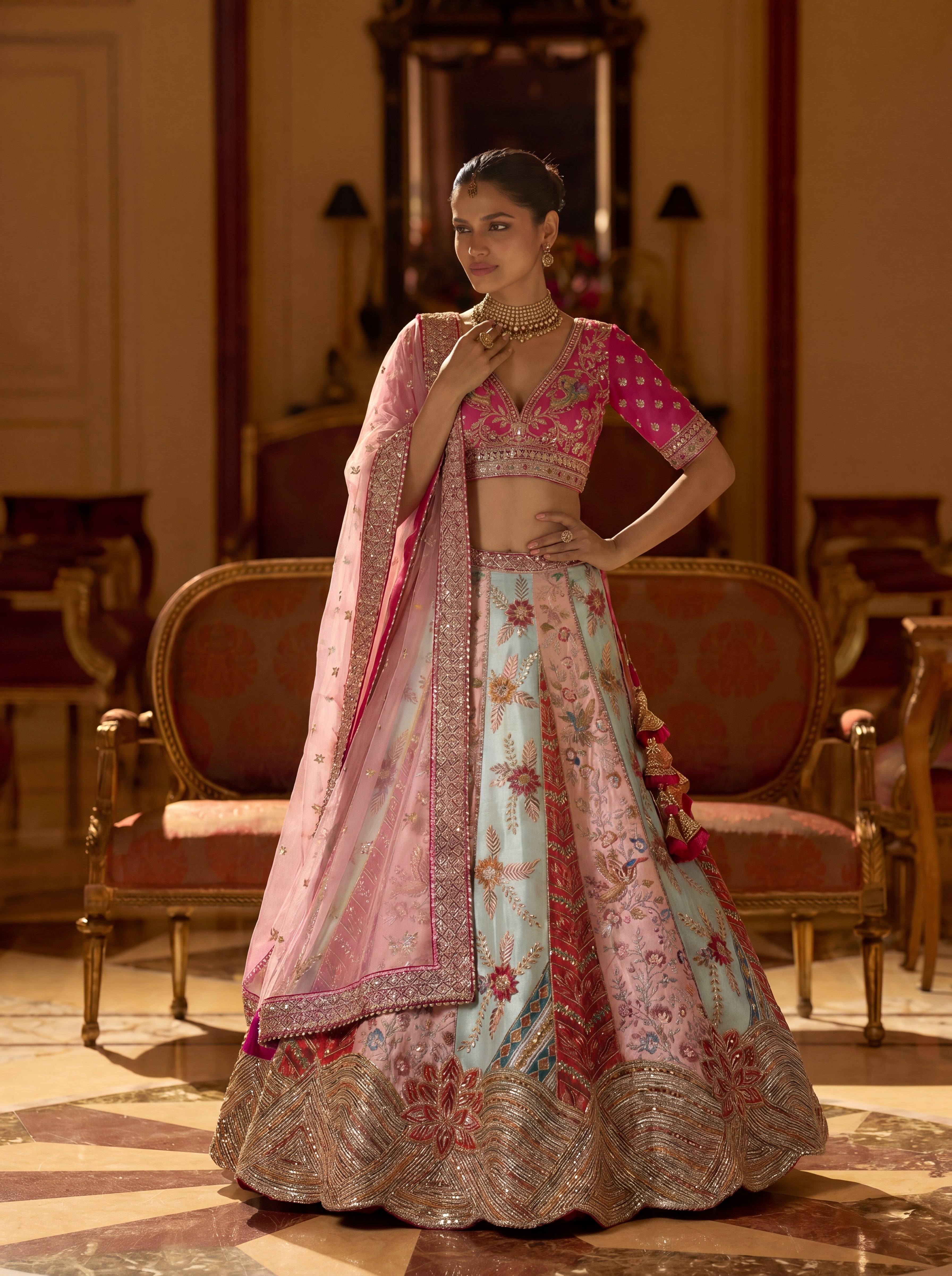 Fuschia Pink Silk Mirror Sequins Bridal Lehenga Choli Set