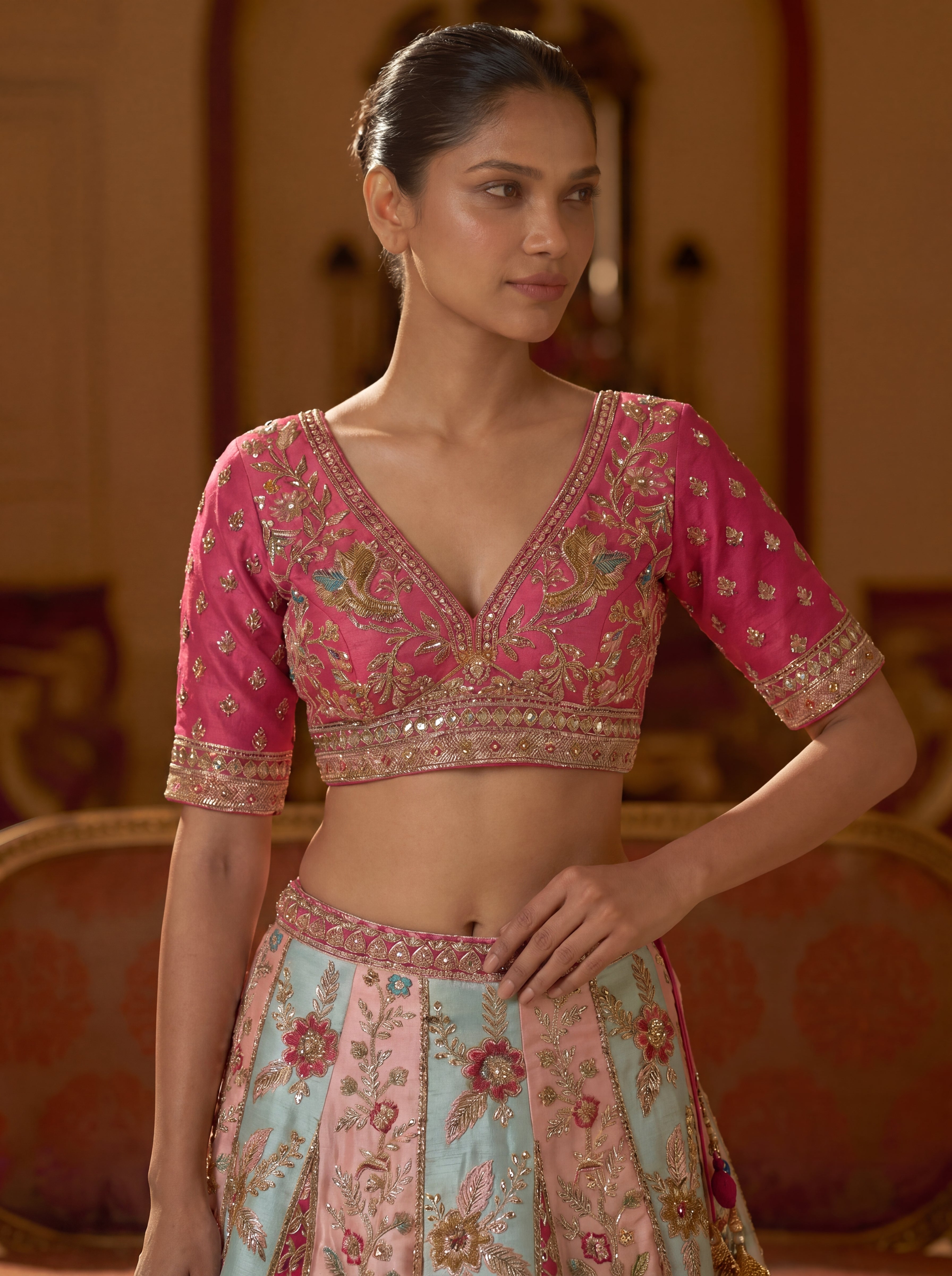 Fuschia Pink Silk Mirror Sequins Bridal Lehenga Choli Set