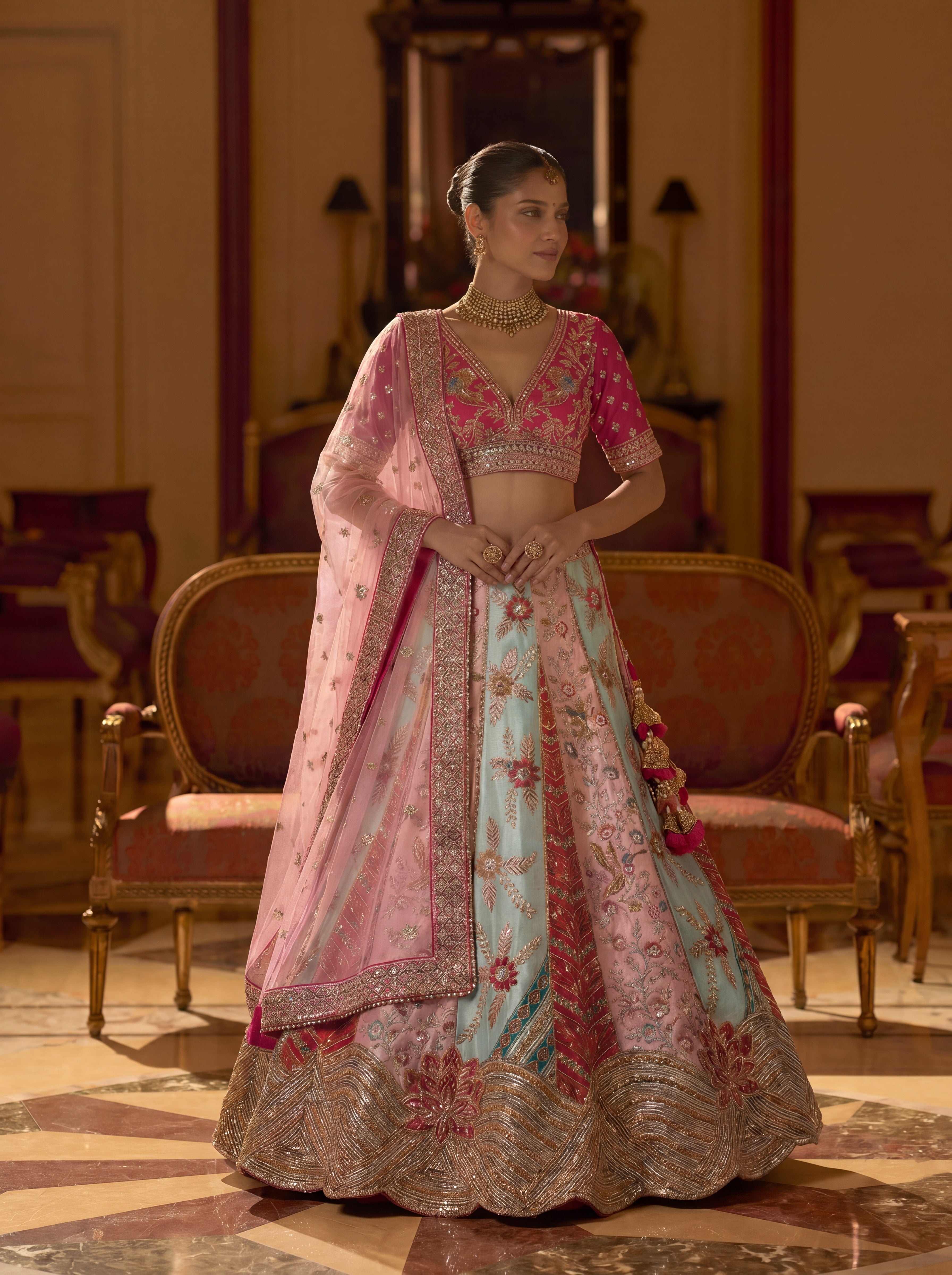 Fuschia Pink Silk Mirror Sequins Bridal Lehenga Choli Set