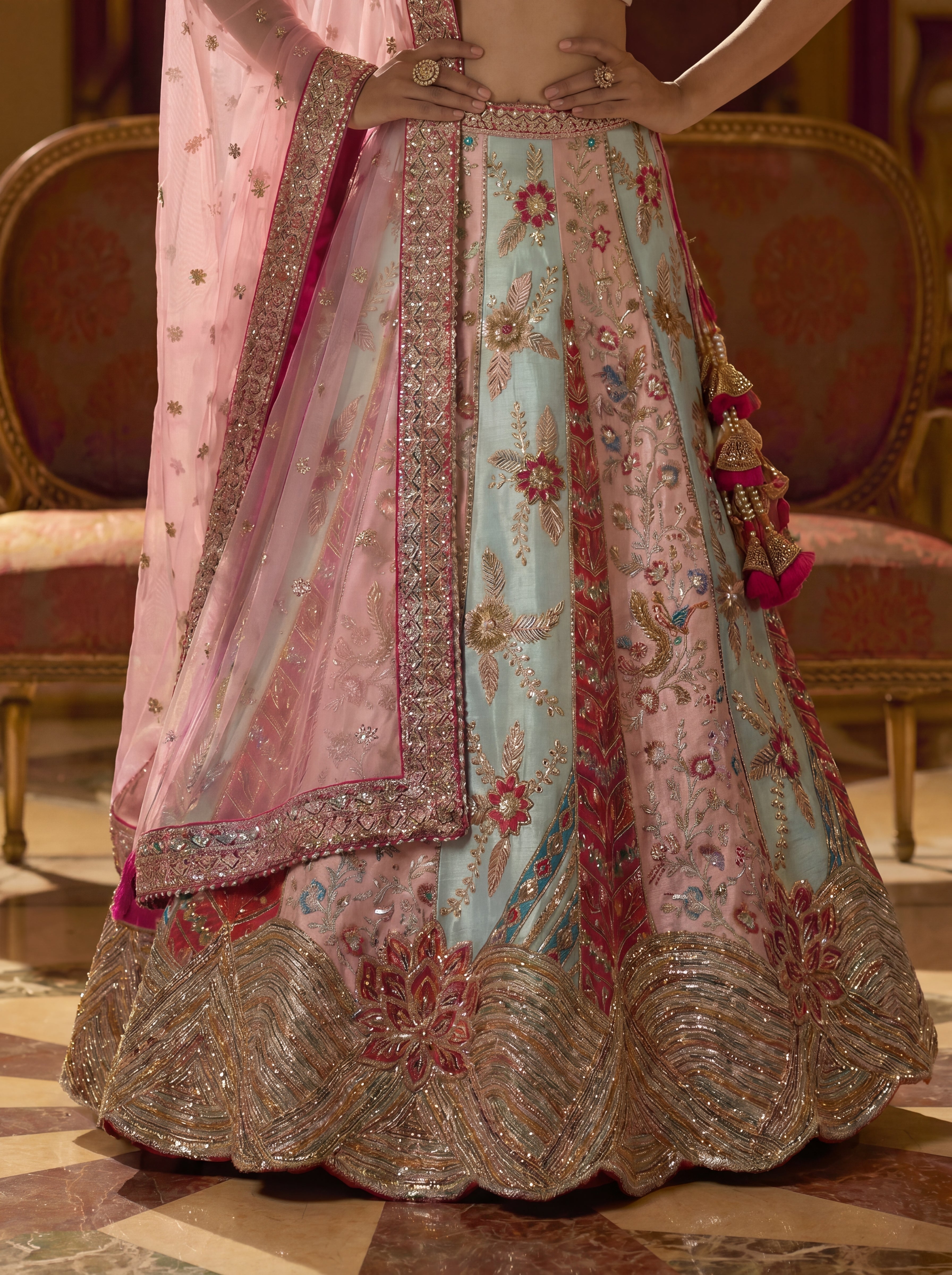 Fuschia Pink Silk Mirror Sequins Bridal Lehenga Choli Set