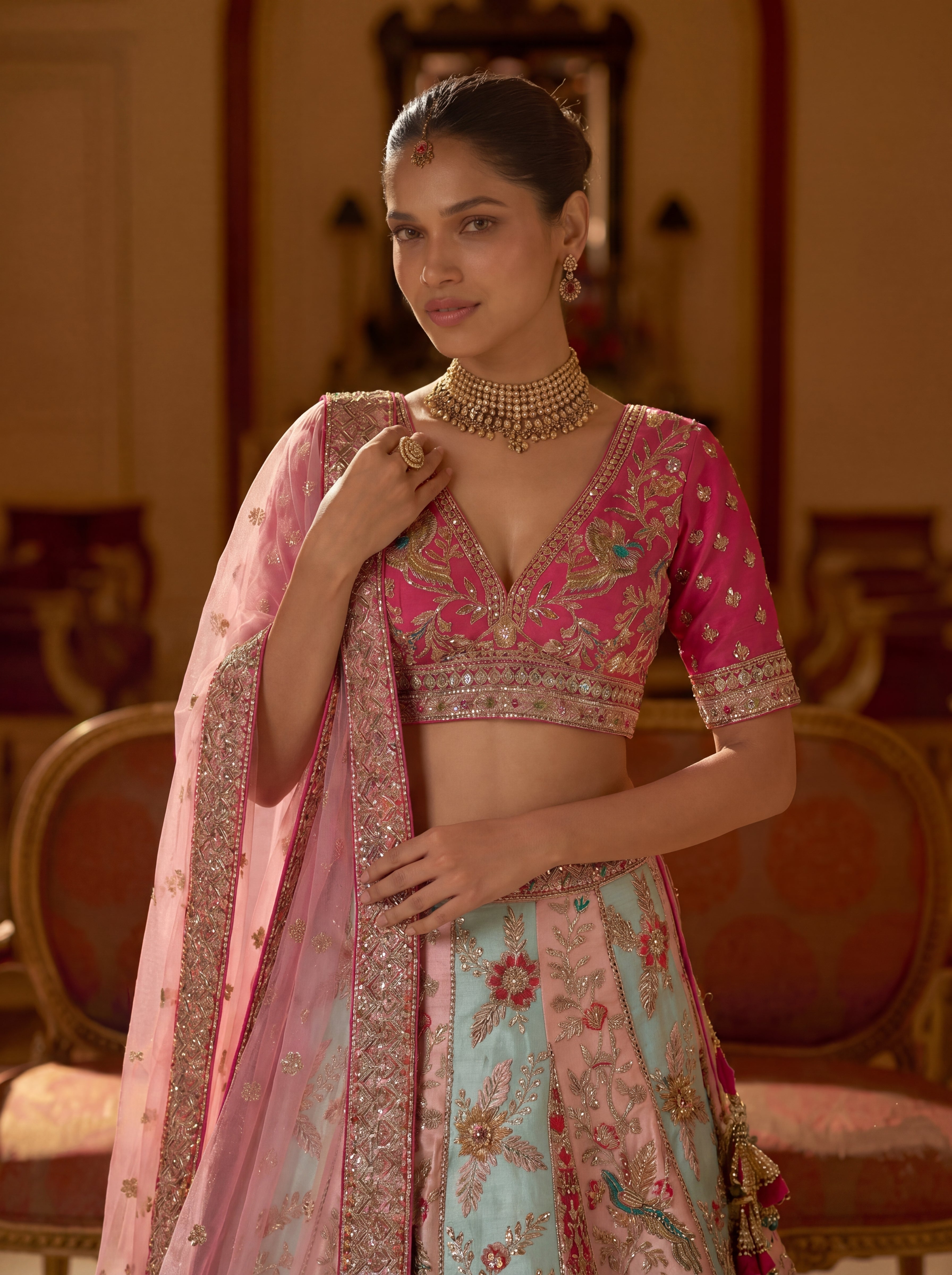 Fuschia Pink Silk Mirror Sequins Bridal Lehenga Choli Set