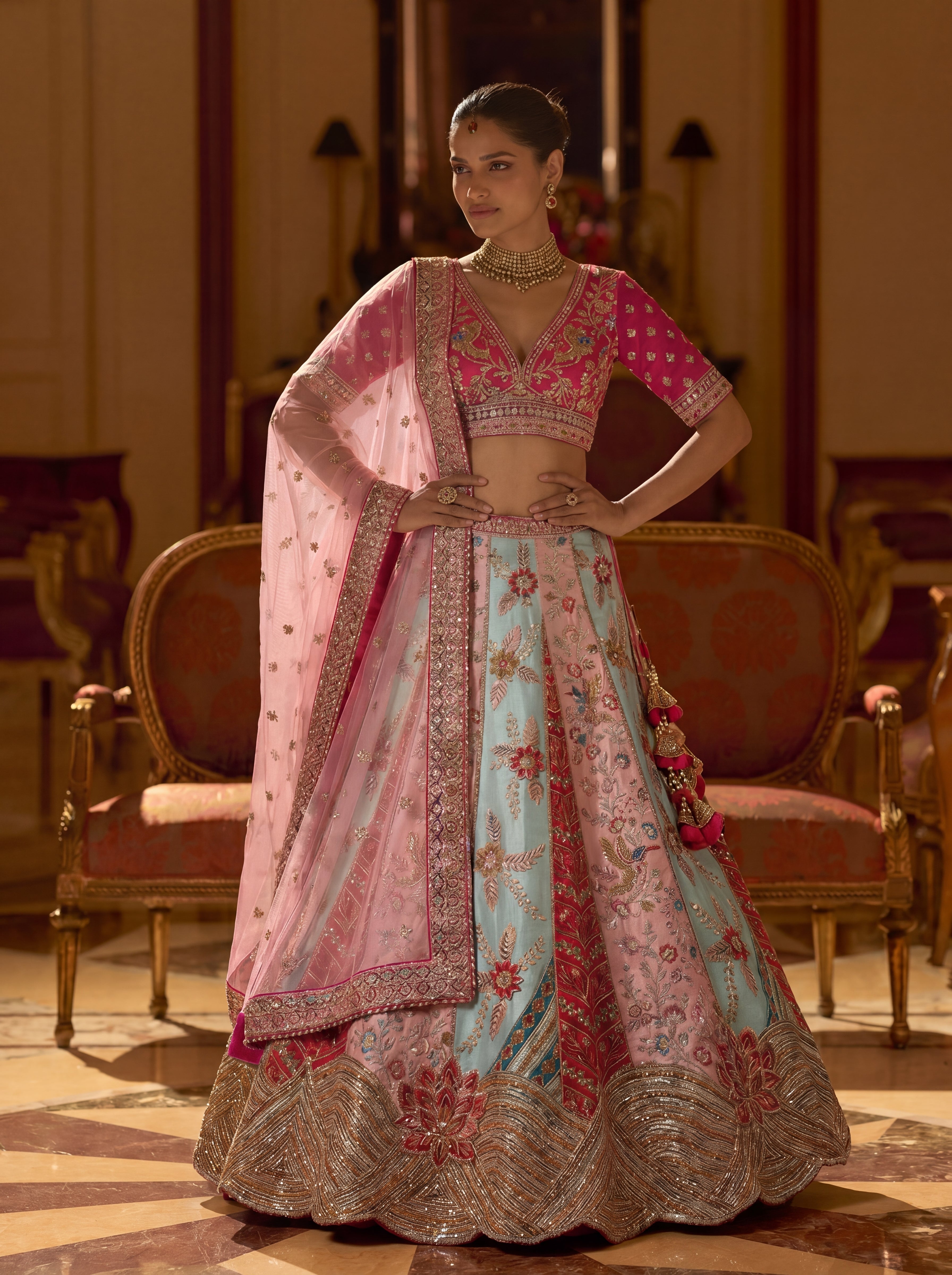 Fuschia Pink Silk Mirror Sequins Bridal Lehenga Choli Set