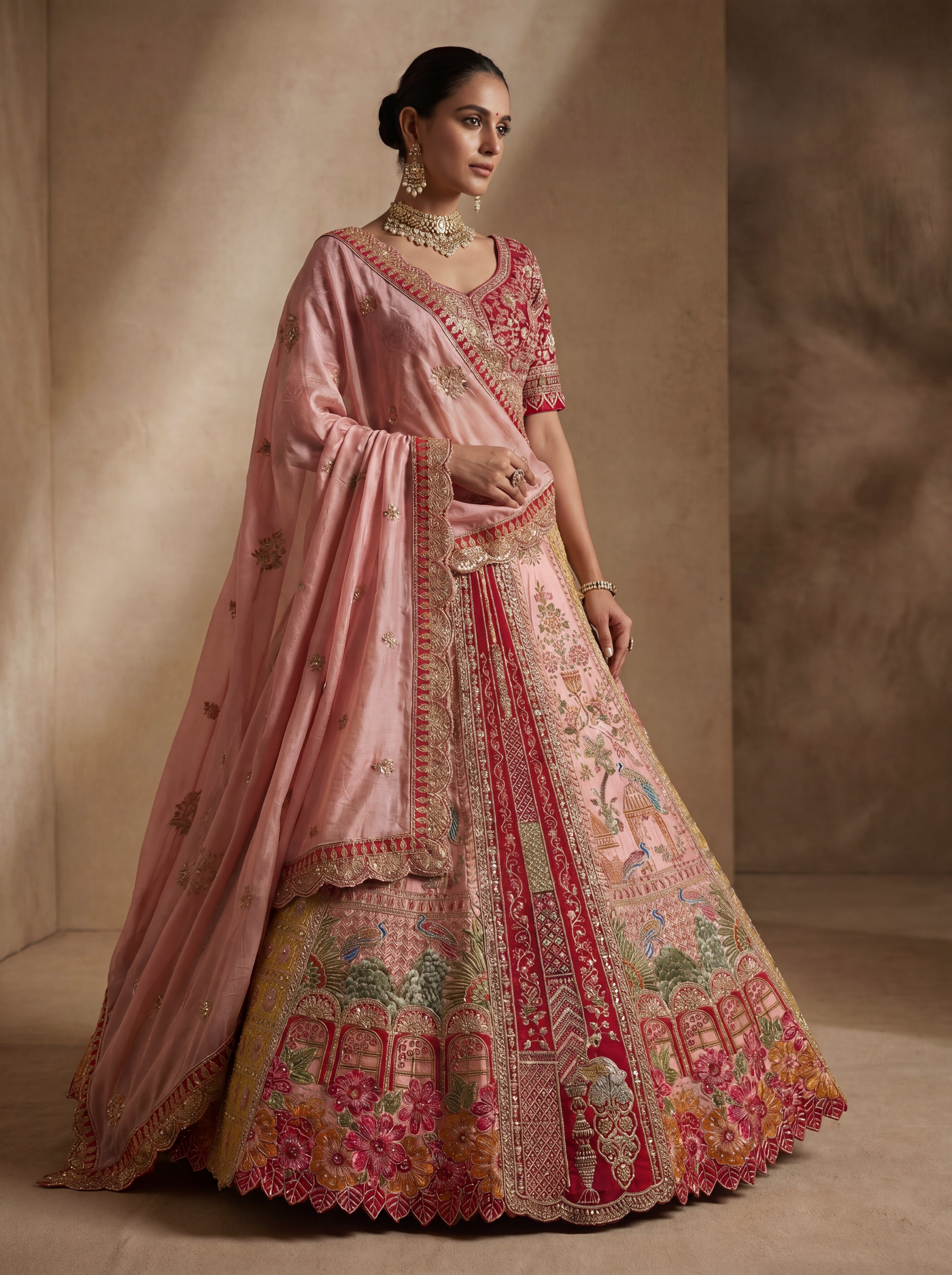 Dusty Rose Viscose Sequins Mirror Bridal Lehenga Choli Set