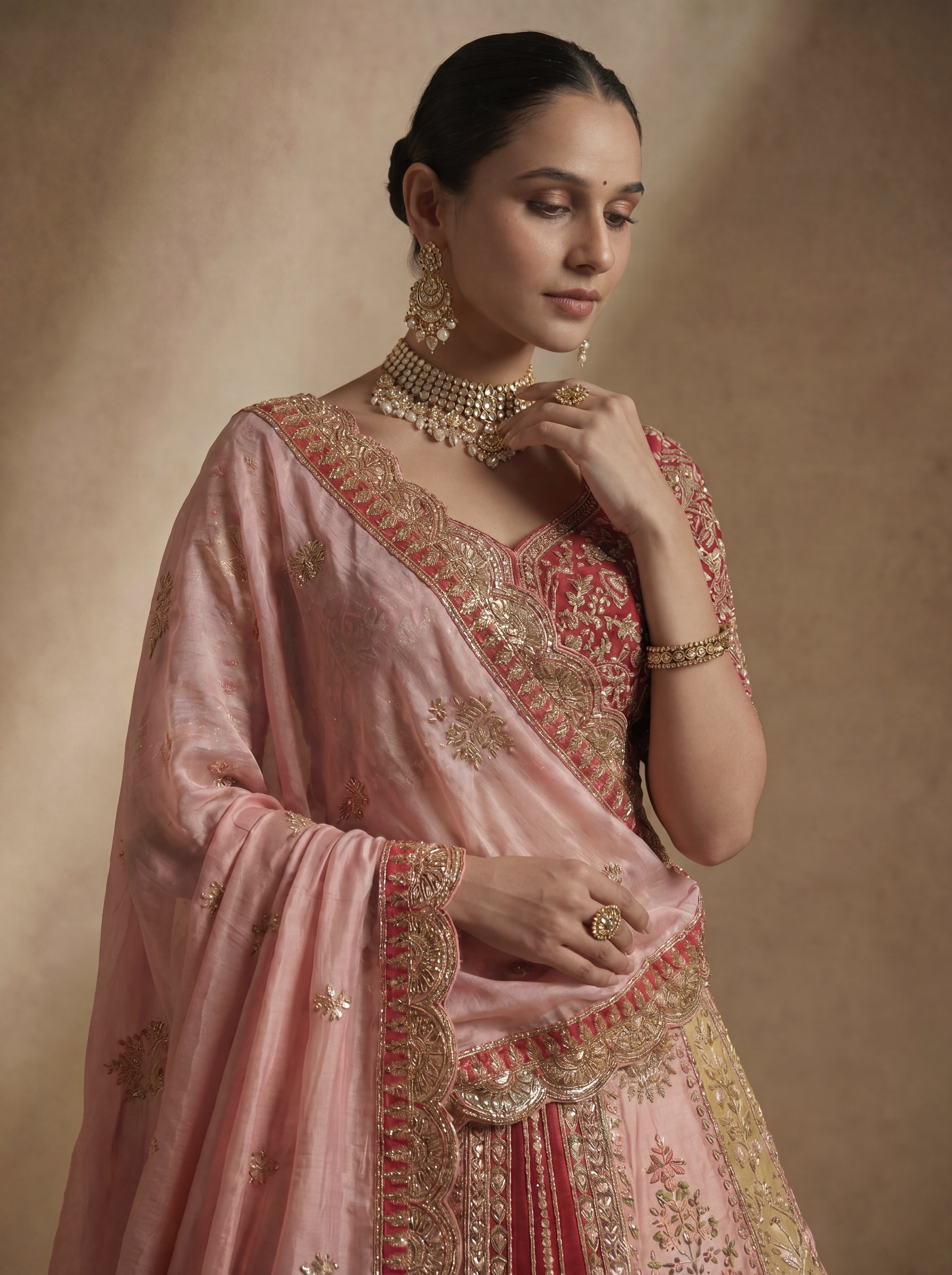 Dusty Rose Viscose Sequins Mirror Bridal Lehenga Choli Set