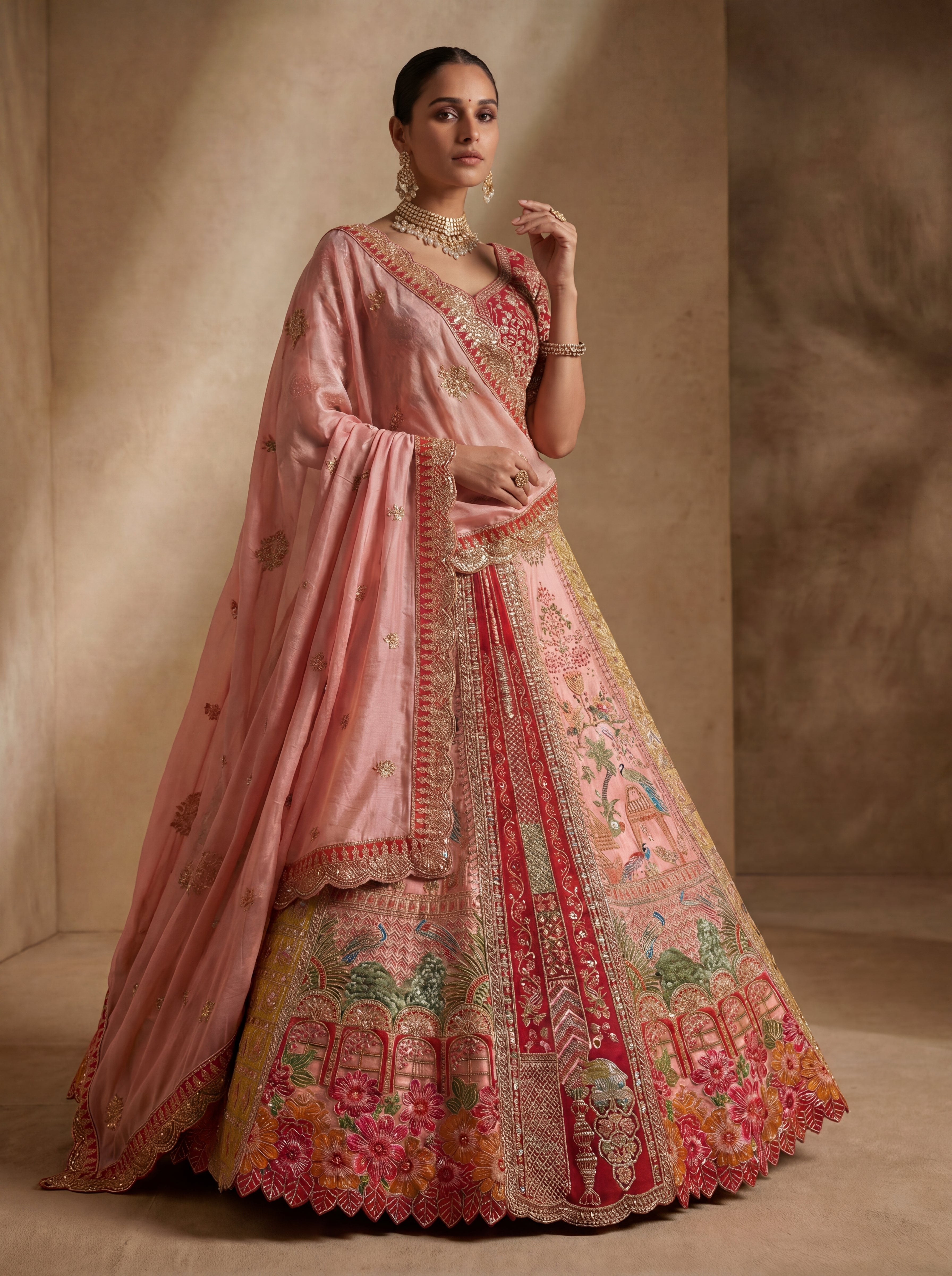 Dusty Rose Viscose Sequins Mirror Bridal Lehenga Choli Set