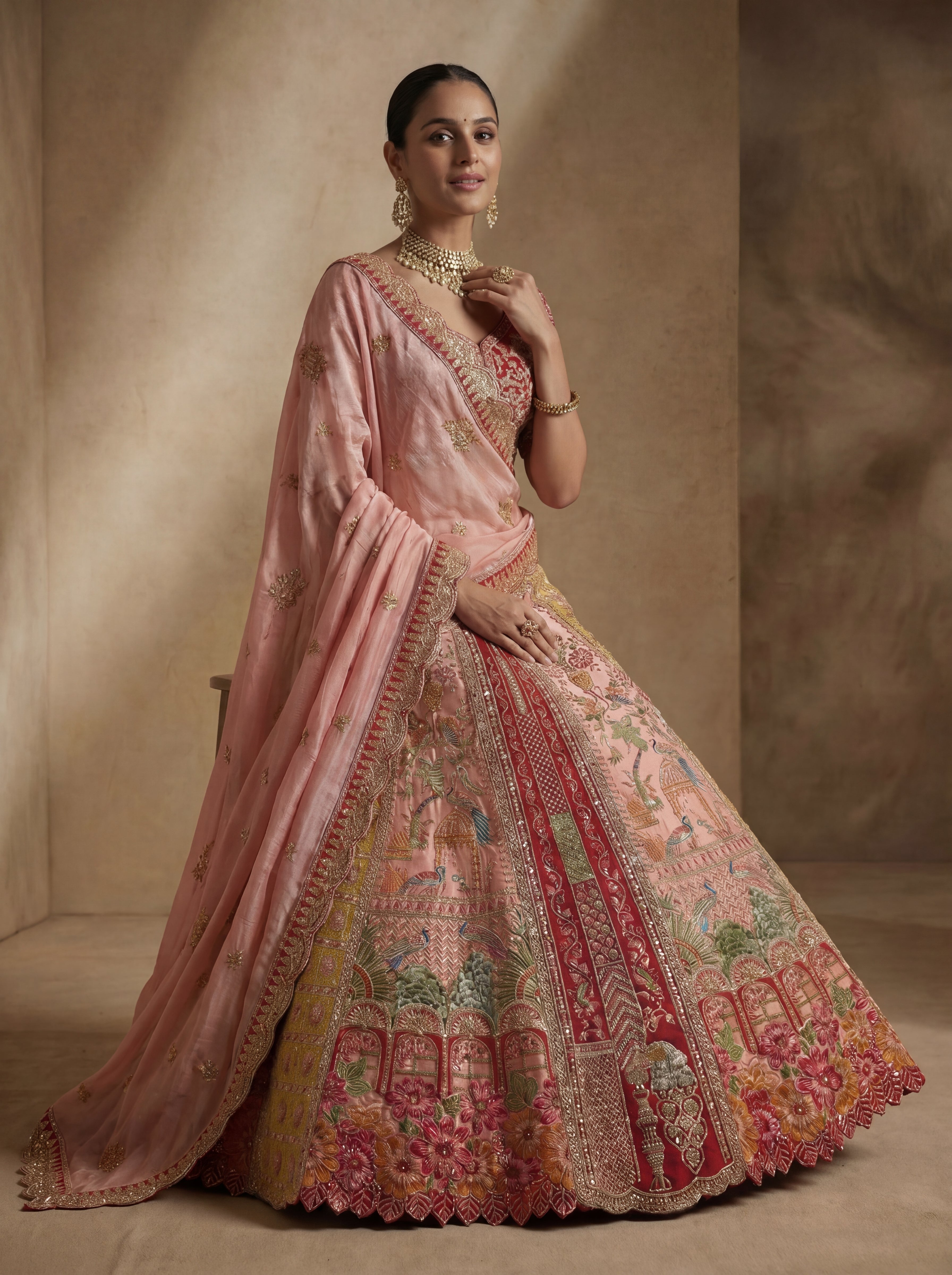 Dusty Rose Viscose Sequins Mirror Bridal Lehenga Choli Set