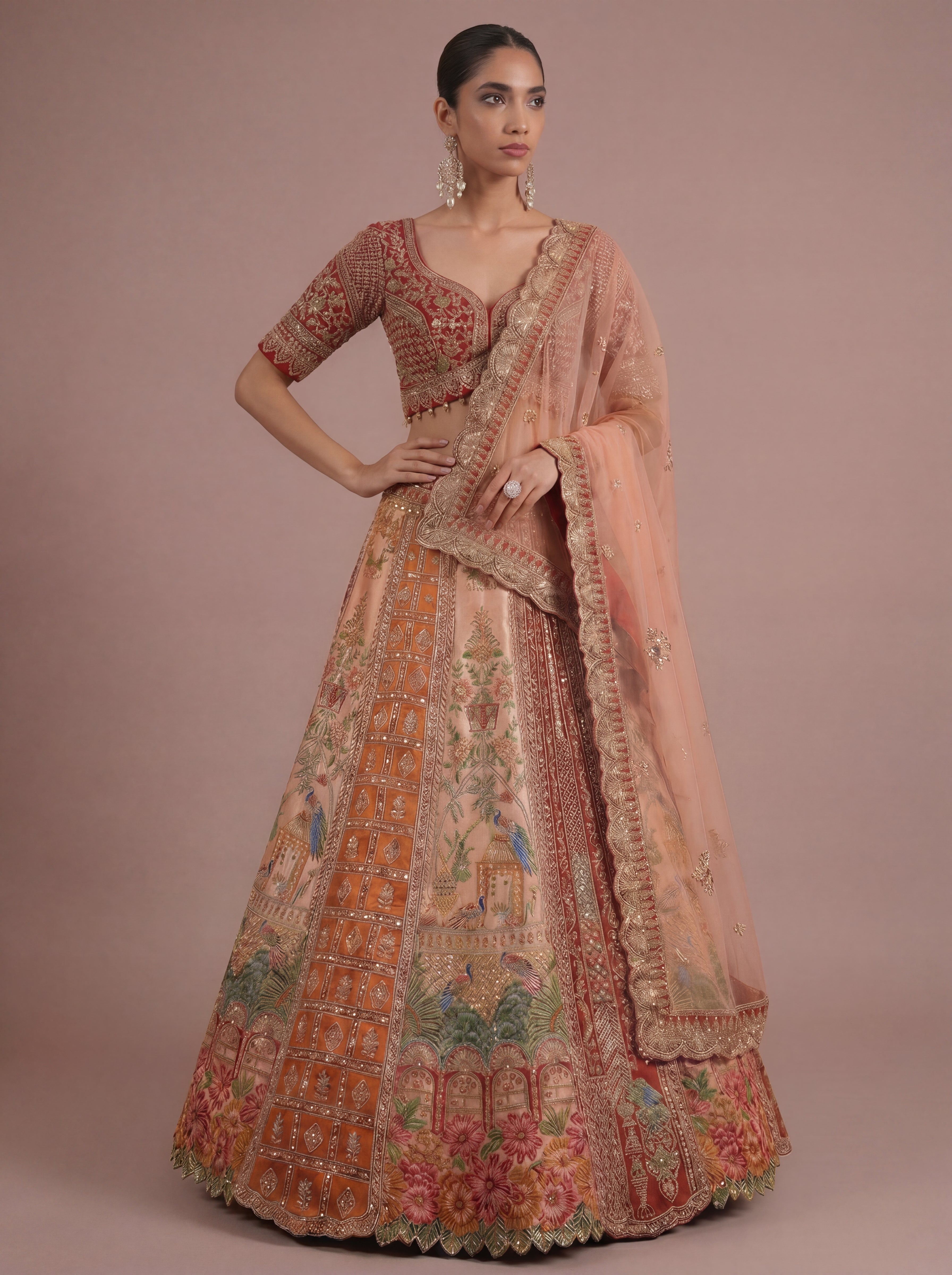 Burnt Orange Viscose Mirror Sequins Bridal Lehenga Choli Set