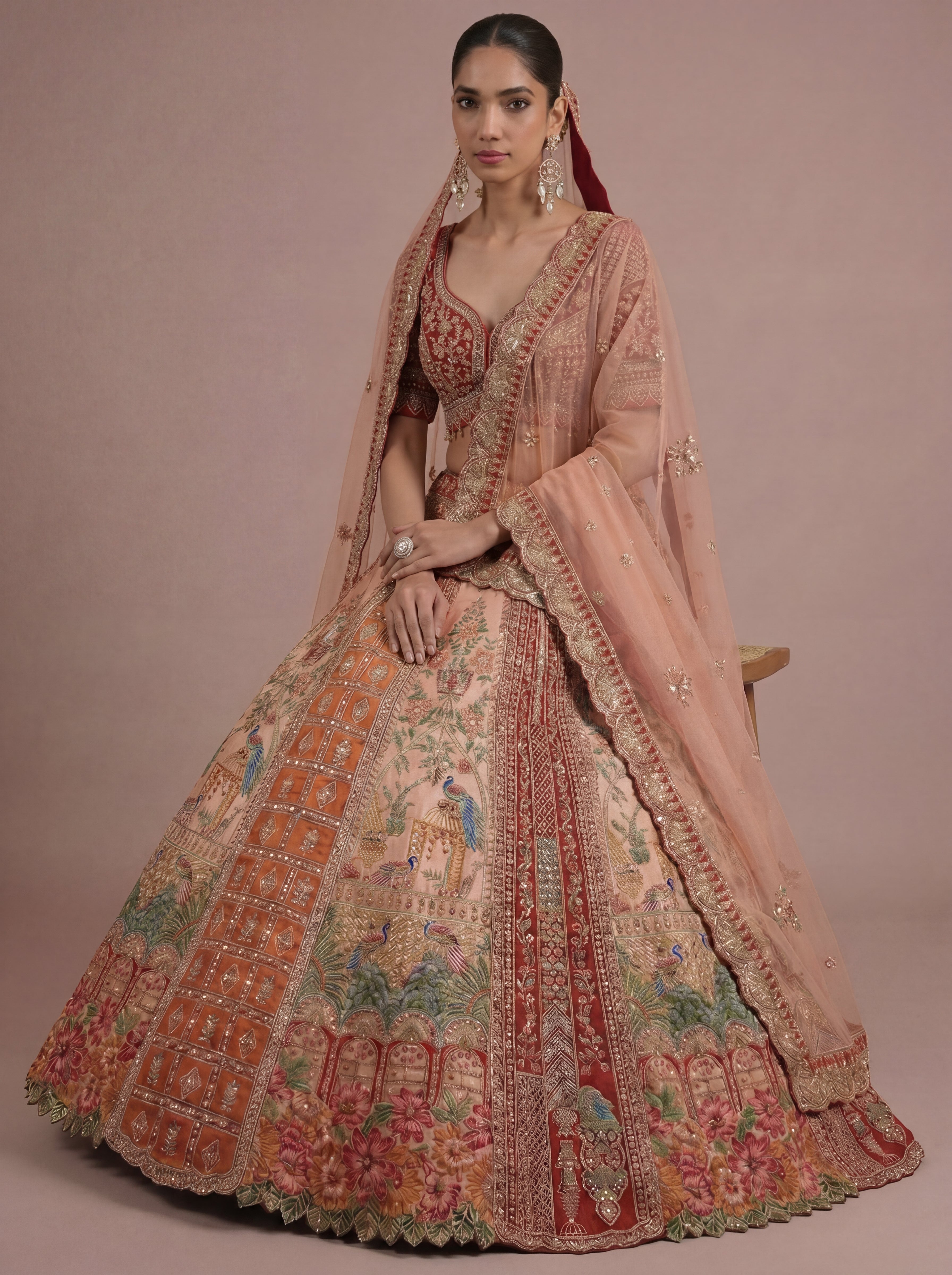 Burnt Orange Viscose Mirror Sequins Bridal Lehenga Choli Set