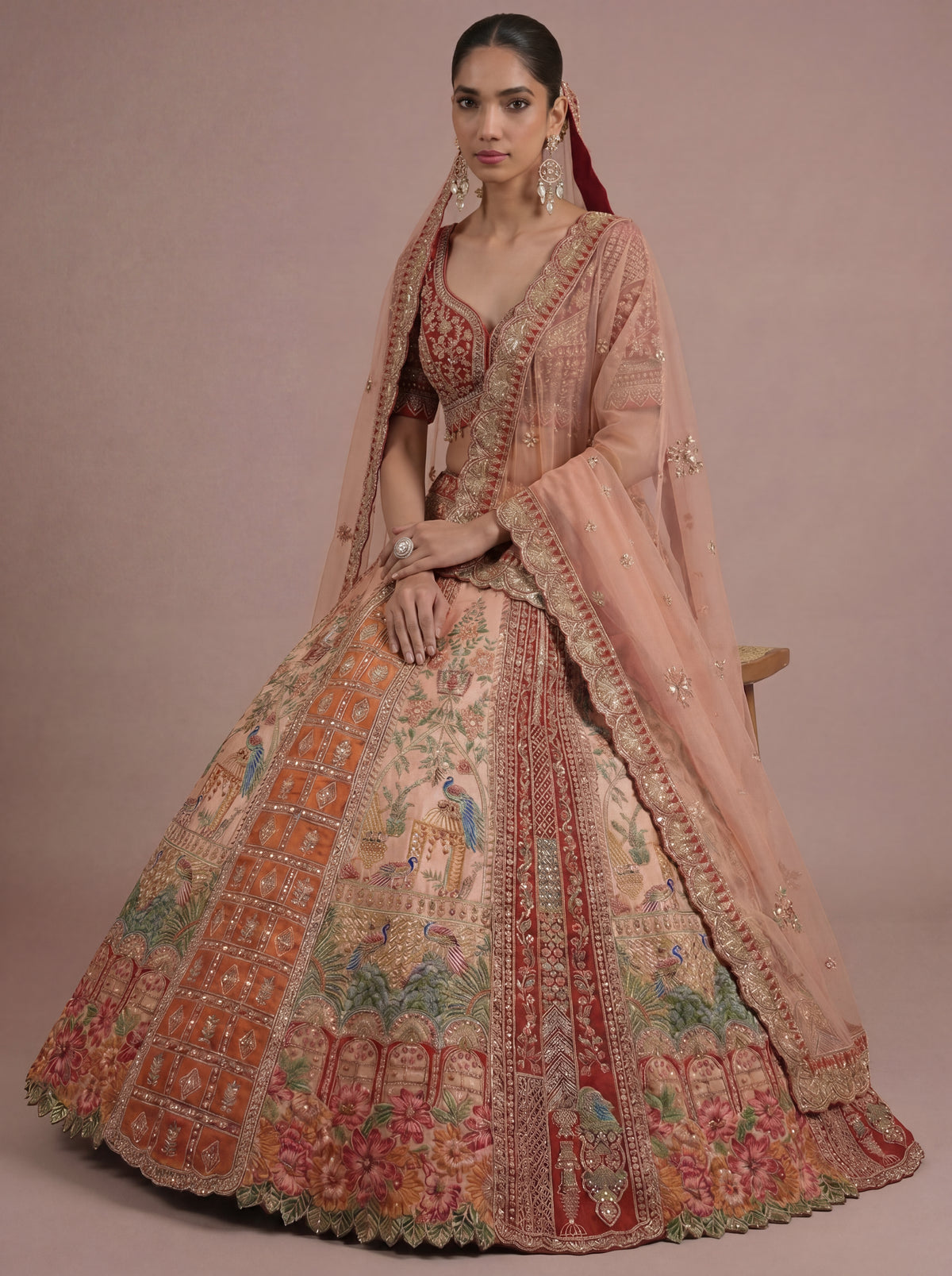Burnt Orange Viscose Mirror Sequins Bridal Lehenga Choli Set
