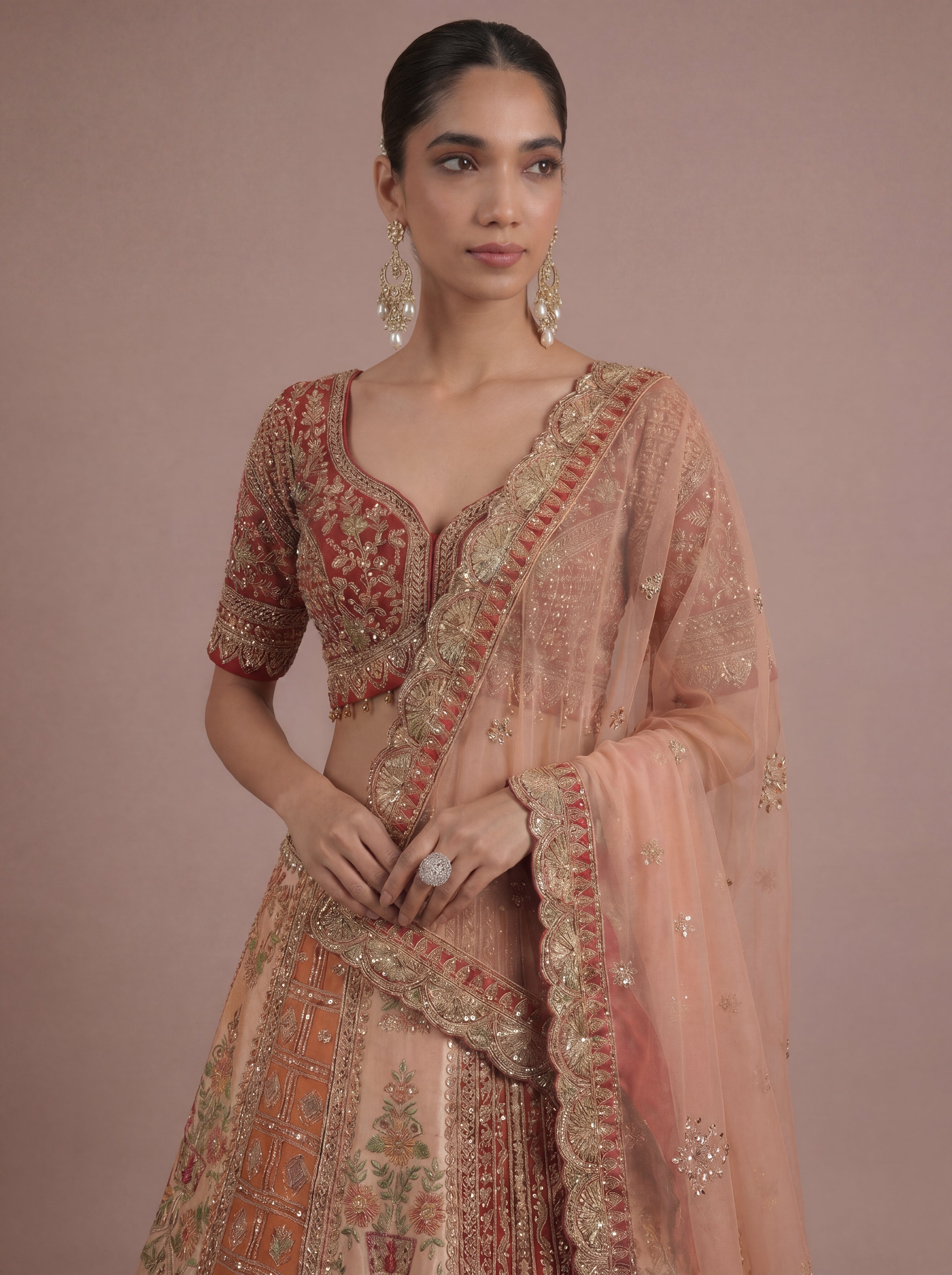 Burnt Orange Viscose Mirror Sequins Bridal Lehenga Choli Set