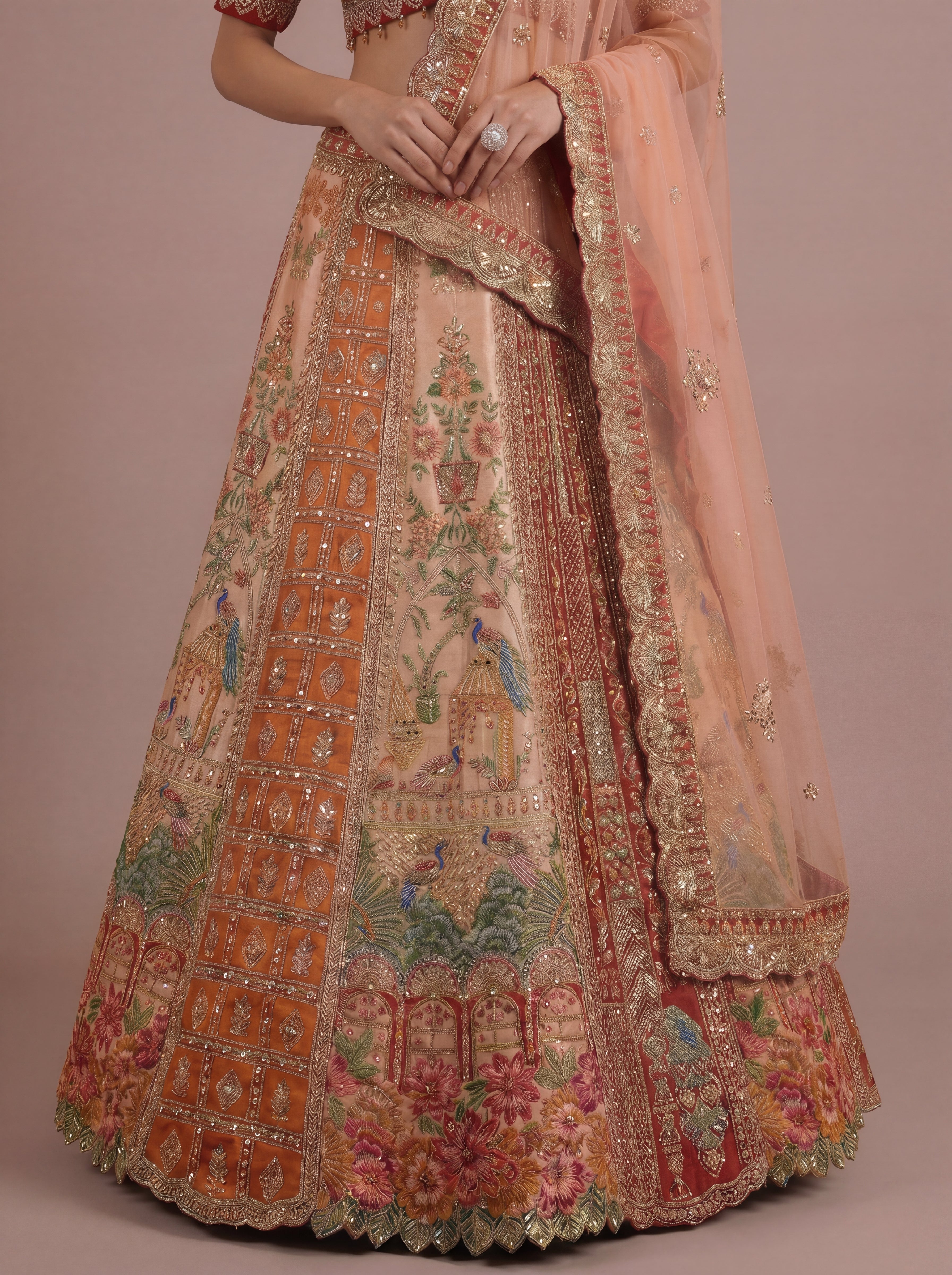 Burnt Orange Viscose Mirror Sequins Bridal Lehenga Choli Set