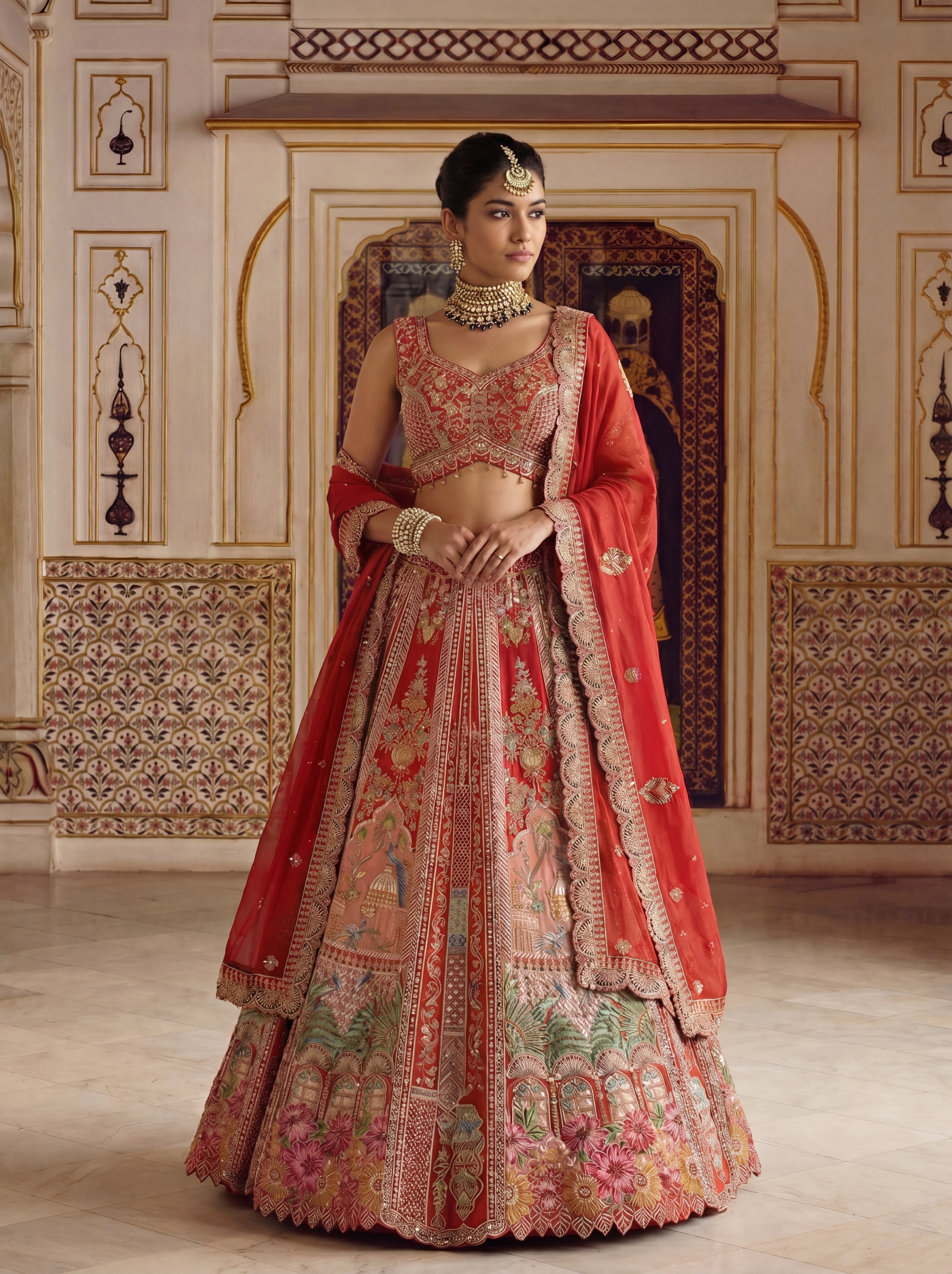 Coral Peach Viscose Sequins Mirror Bridal Lehenga Choli Set