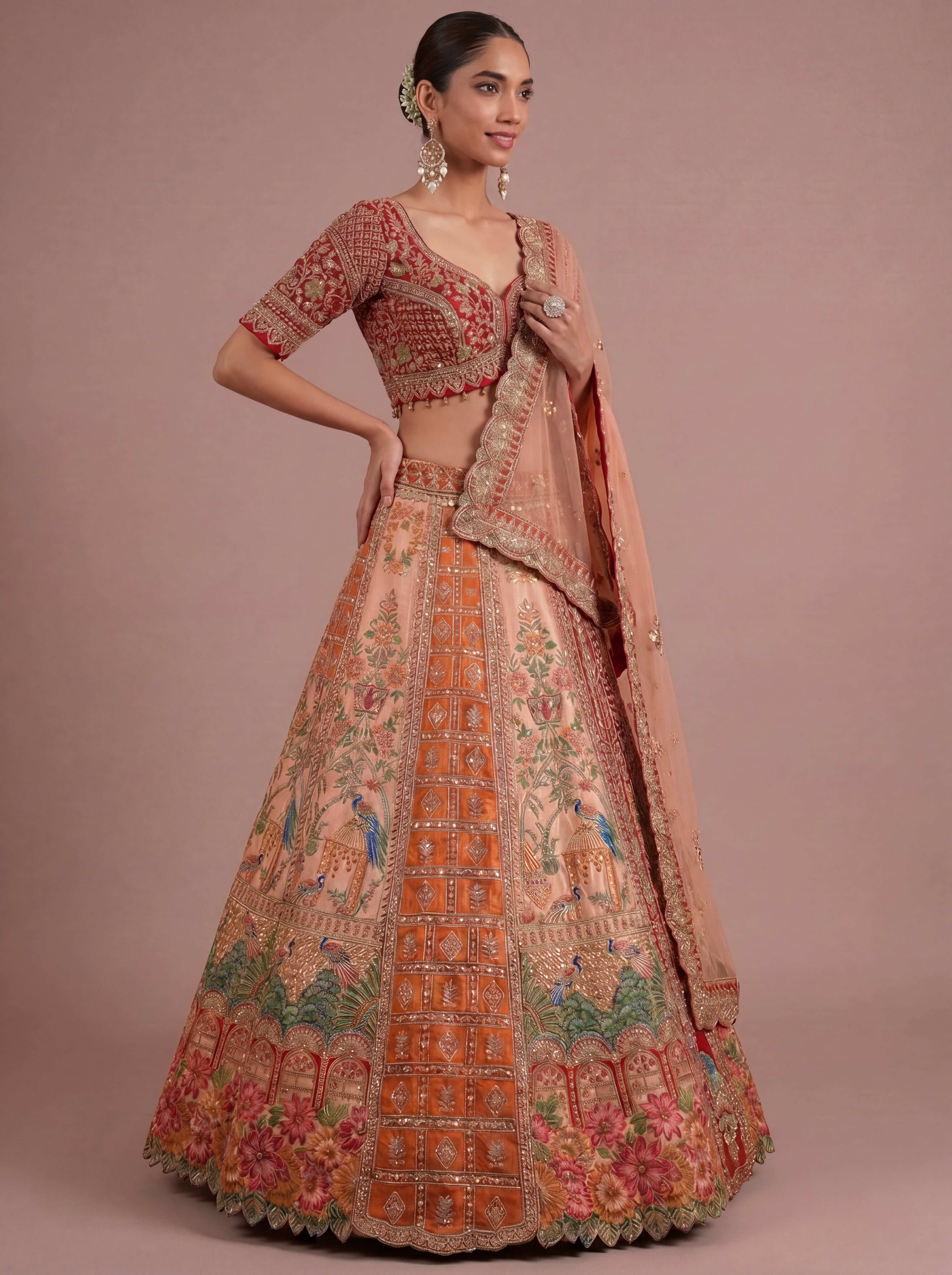 Burnt Orange Viscose Mirror Sequins Bridal Lehenga Choli Set