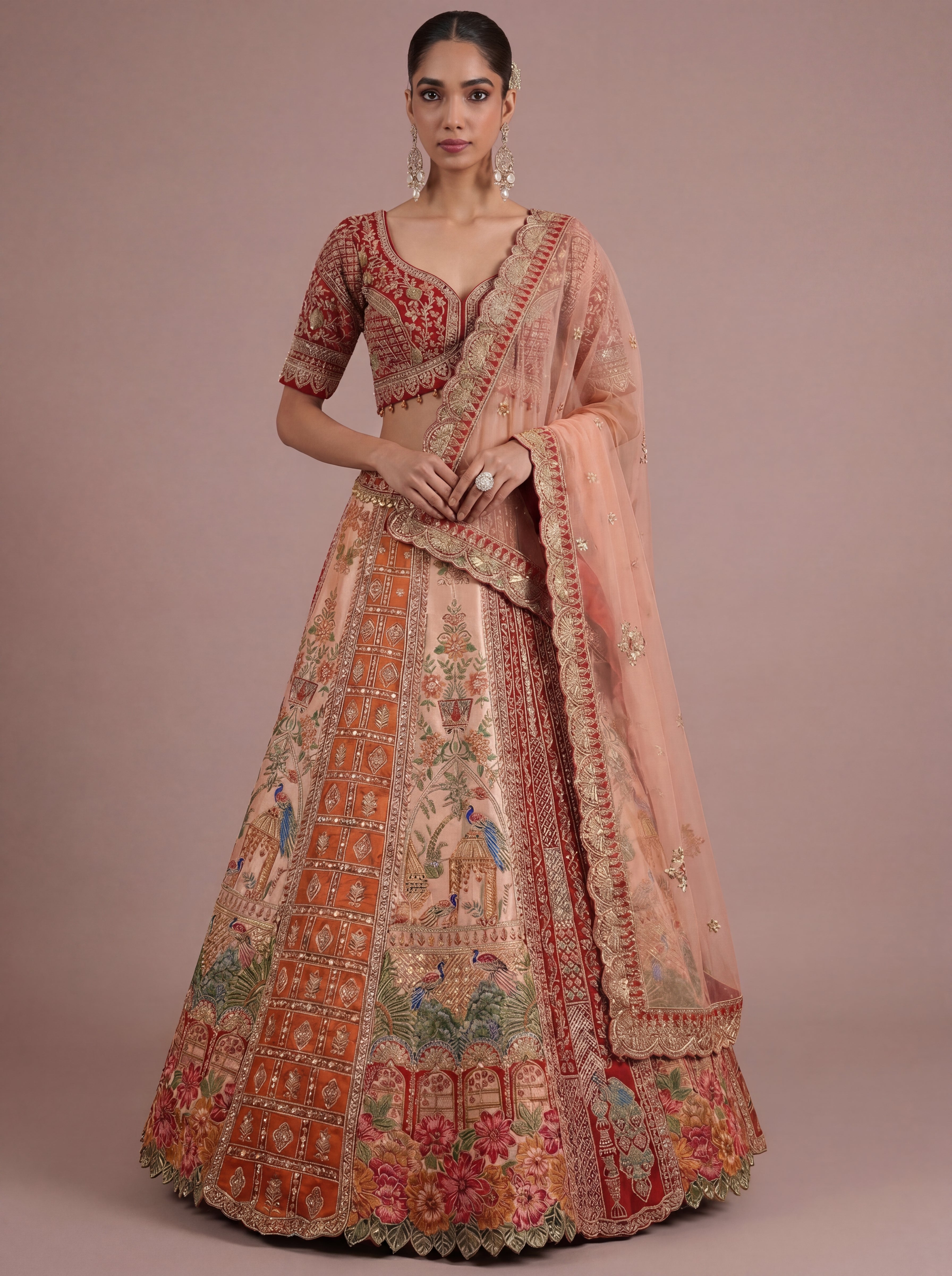 Burnt Orange Viscose Mirror Sequins Bridal Lehenga Choli Set