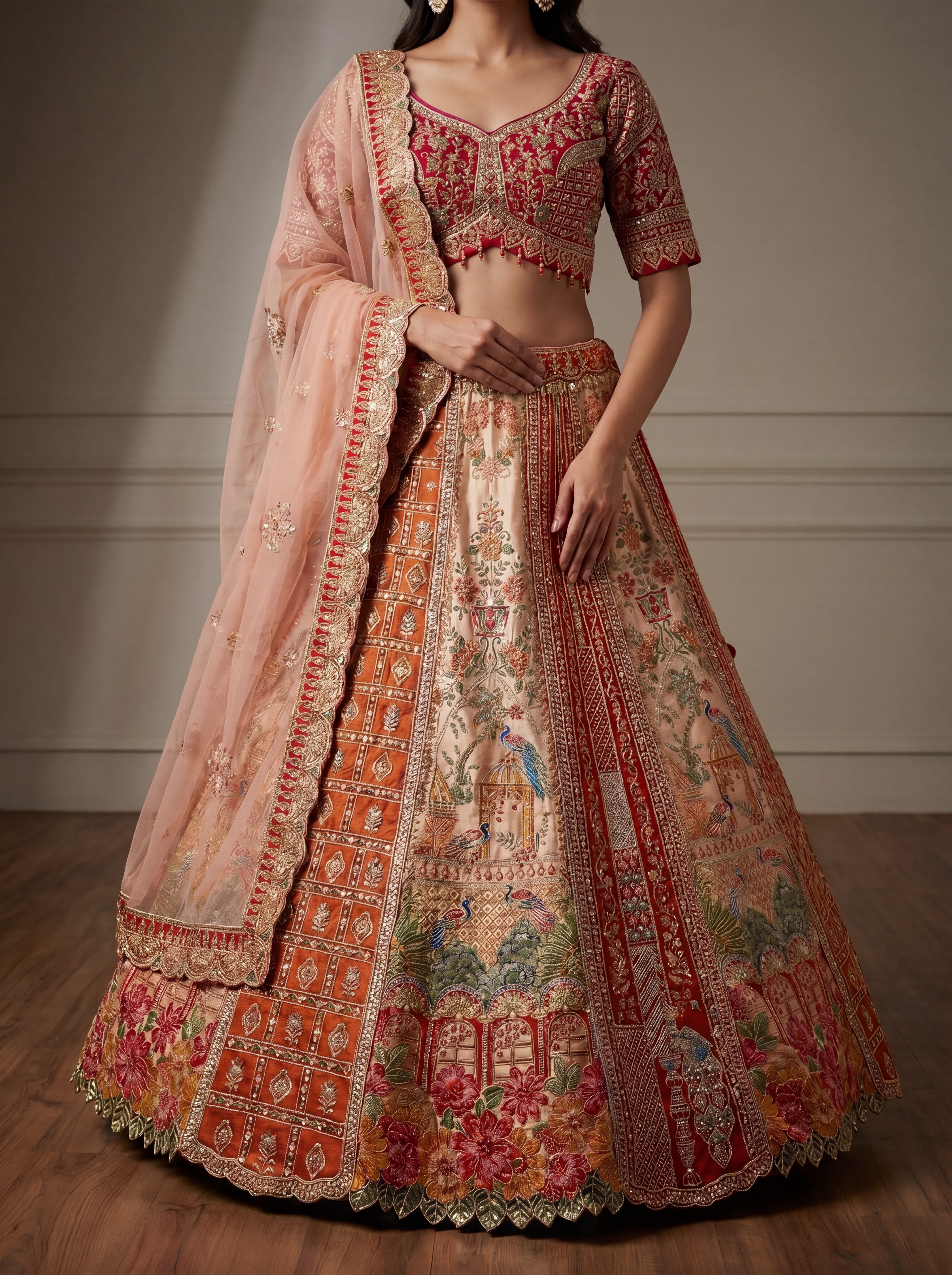 Burnt Orange Viscose Mirror Sequins Bridal Lehenga Choli Set