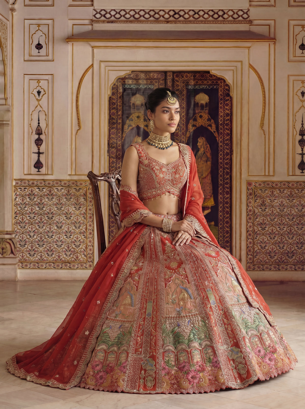 Coral Peach Viscose Sequins Mirror Bridal Lehenga Choli Set