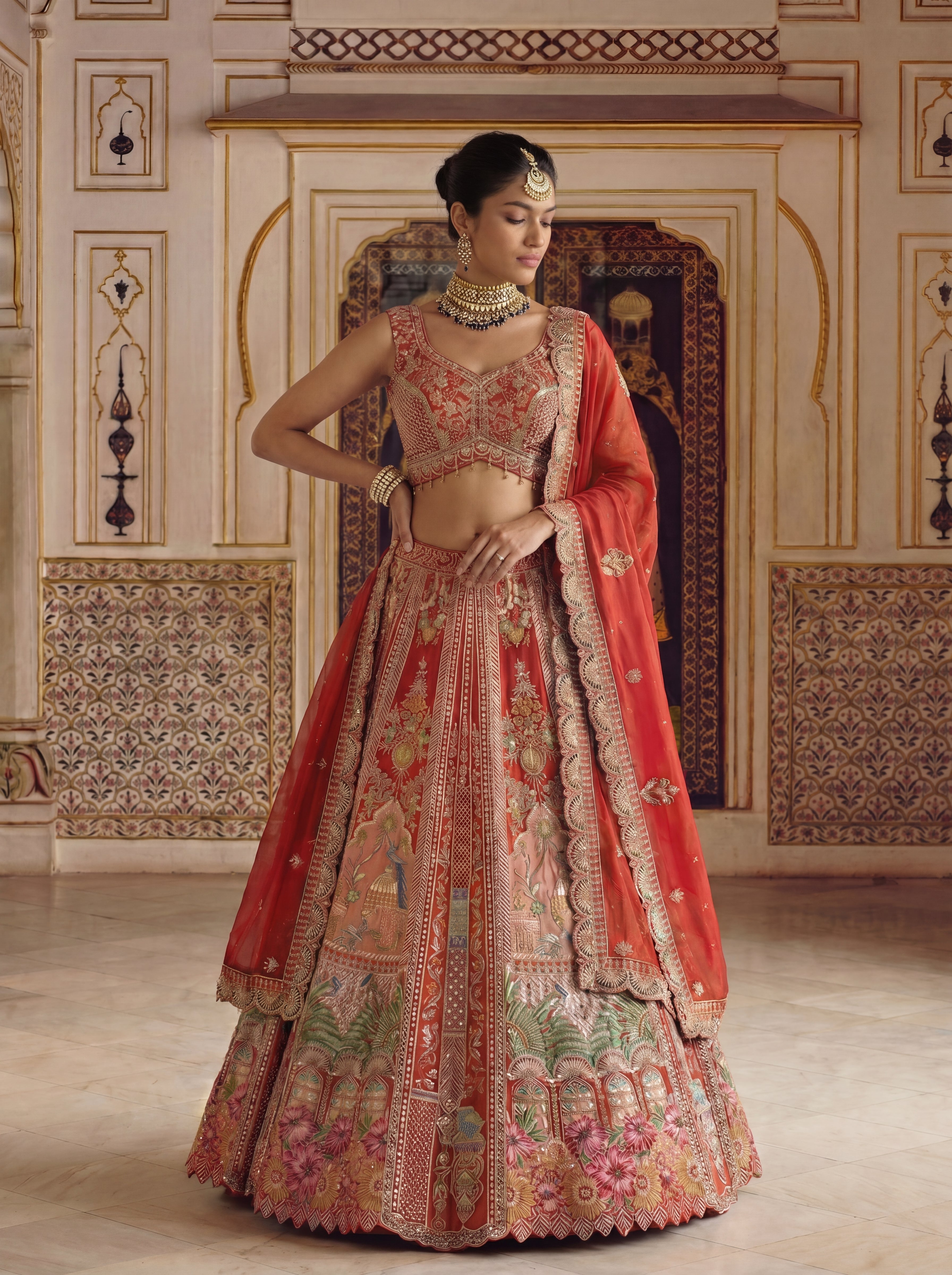 Coral Peach Viscose Sequins Mirror Bridal Lehenga Choli Set