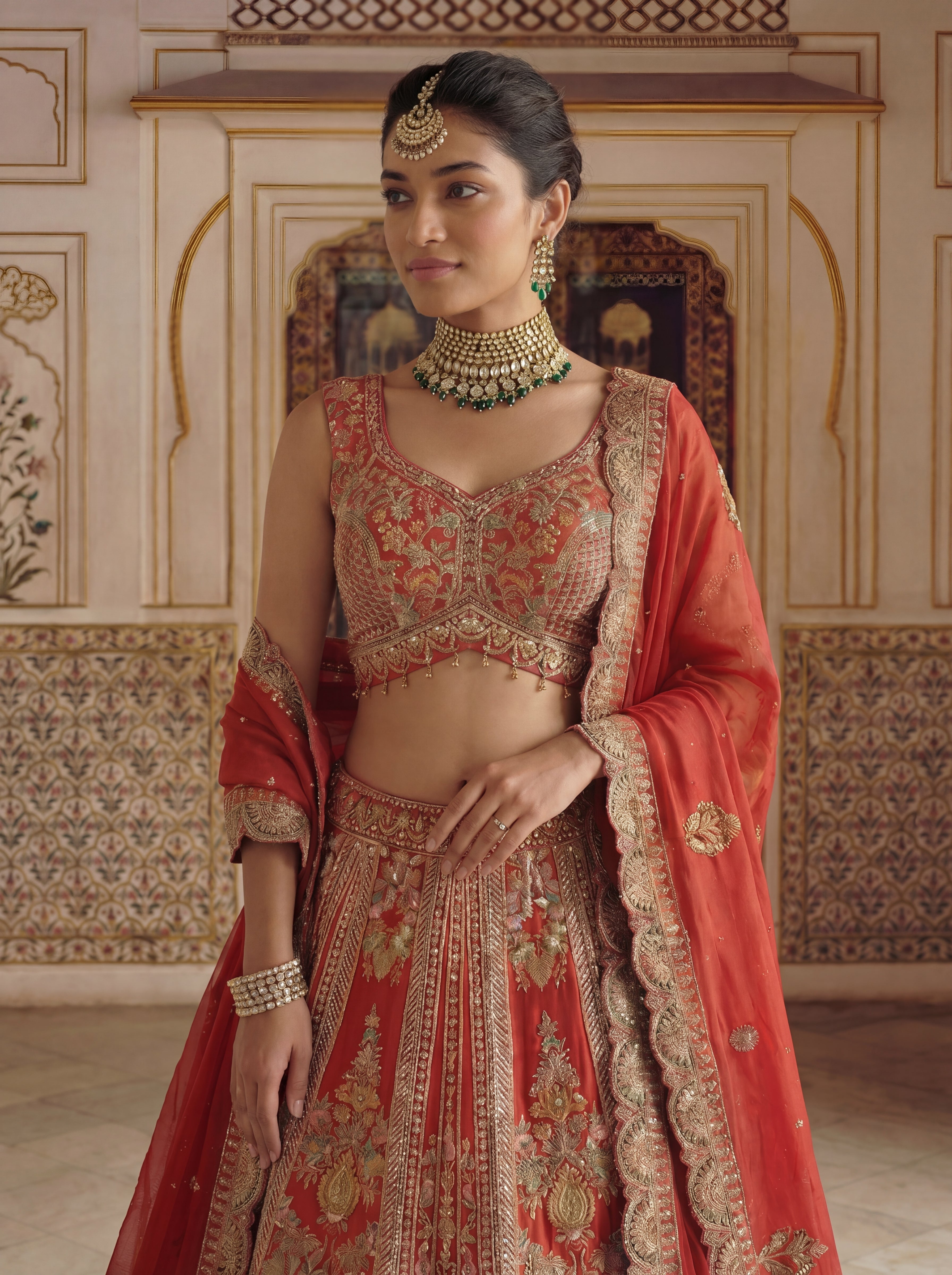 Coral Peach Viscose Sequins Mirror Bridal Lehenga Choli Set