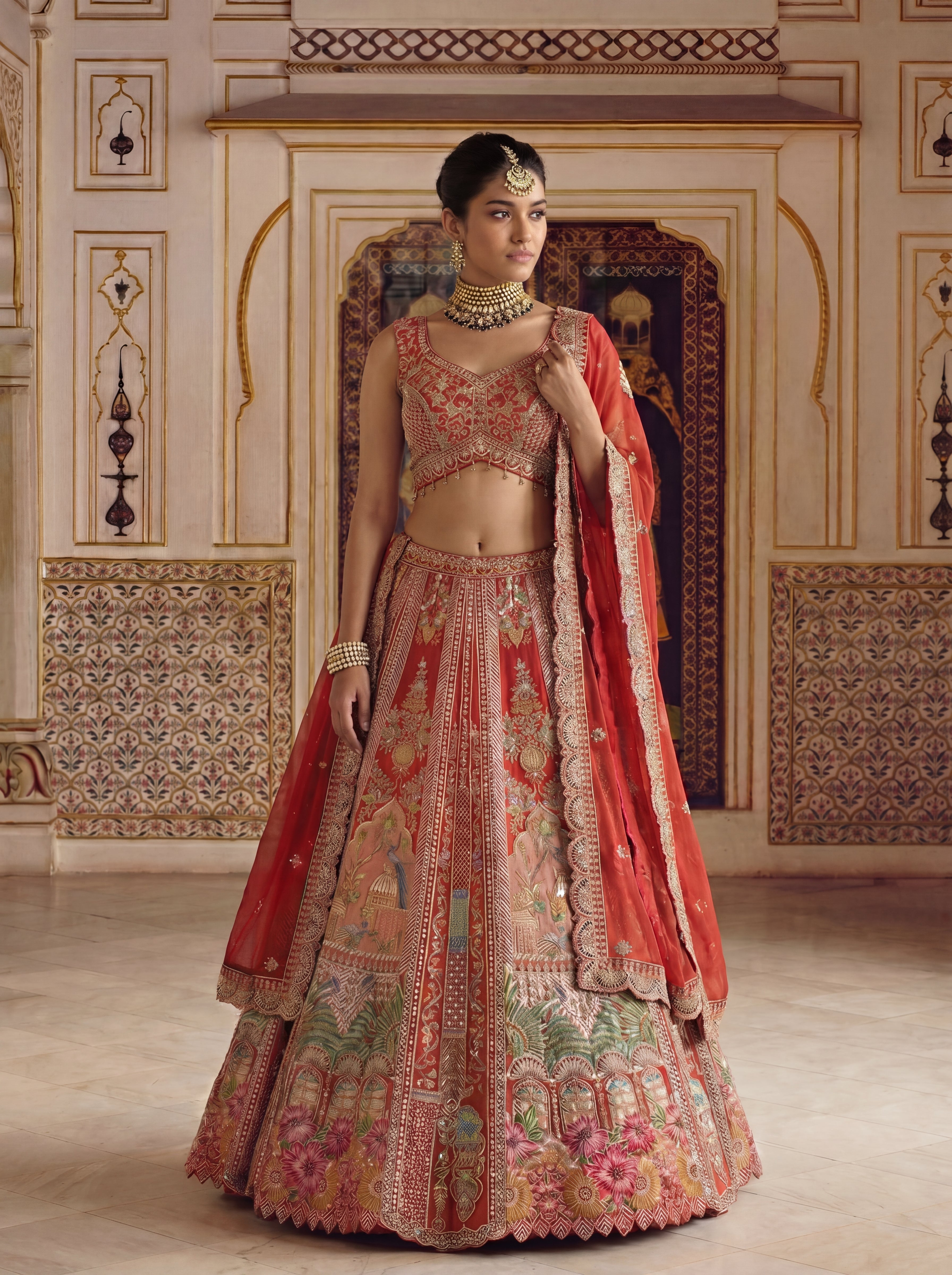 Coral Peach Viscose Sequins Mirror Bridal Lehenga Choli Set