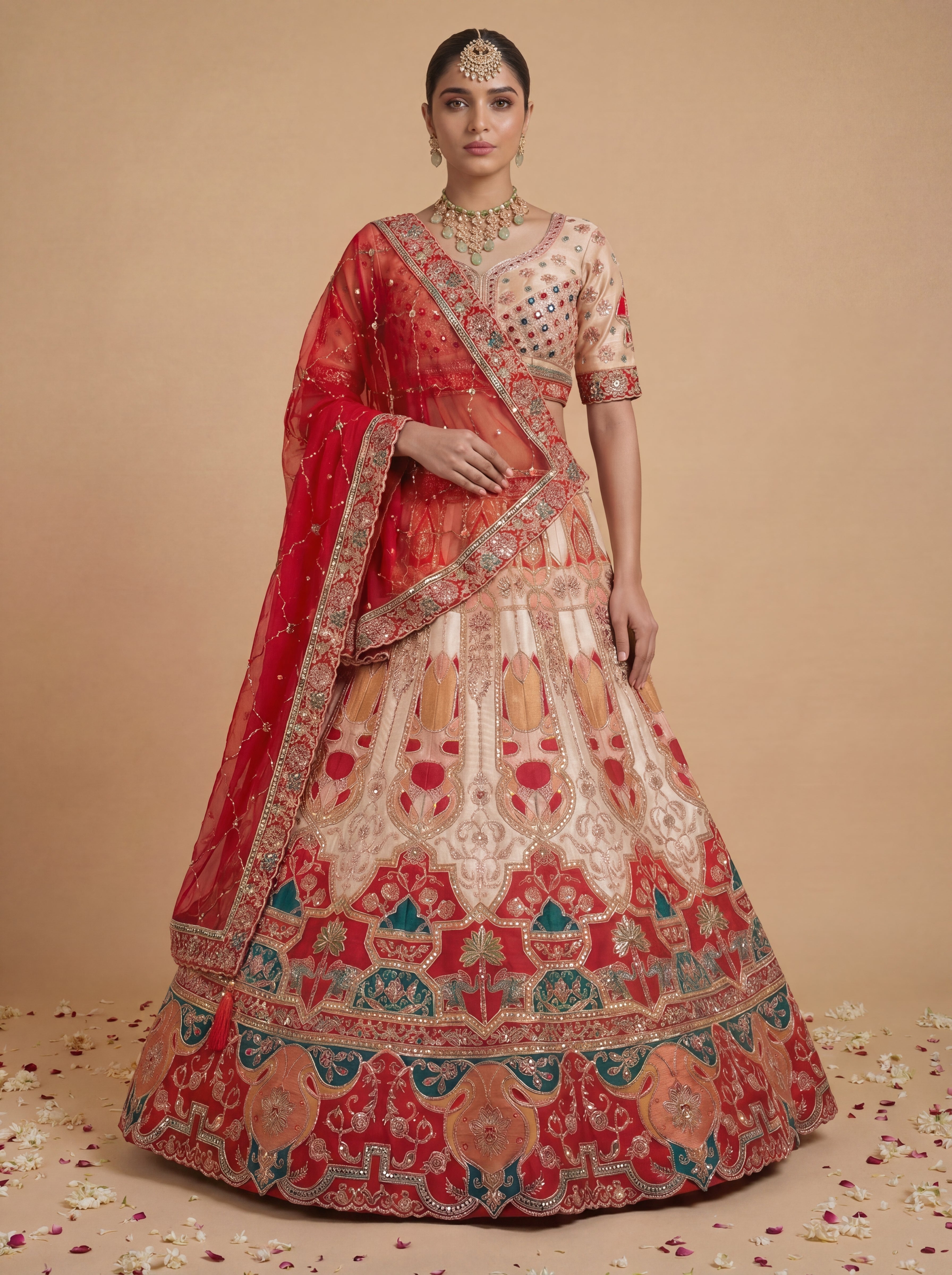 Coral Peach Viscose Sequins Embroidered Bridal Lehenga Choli Set