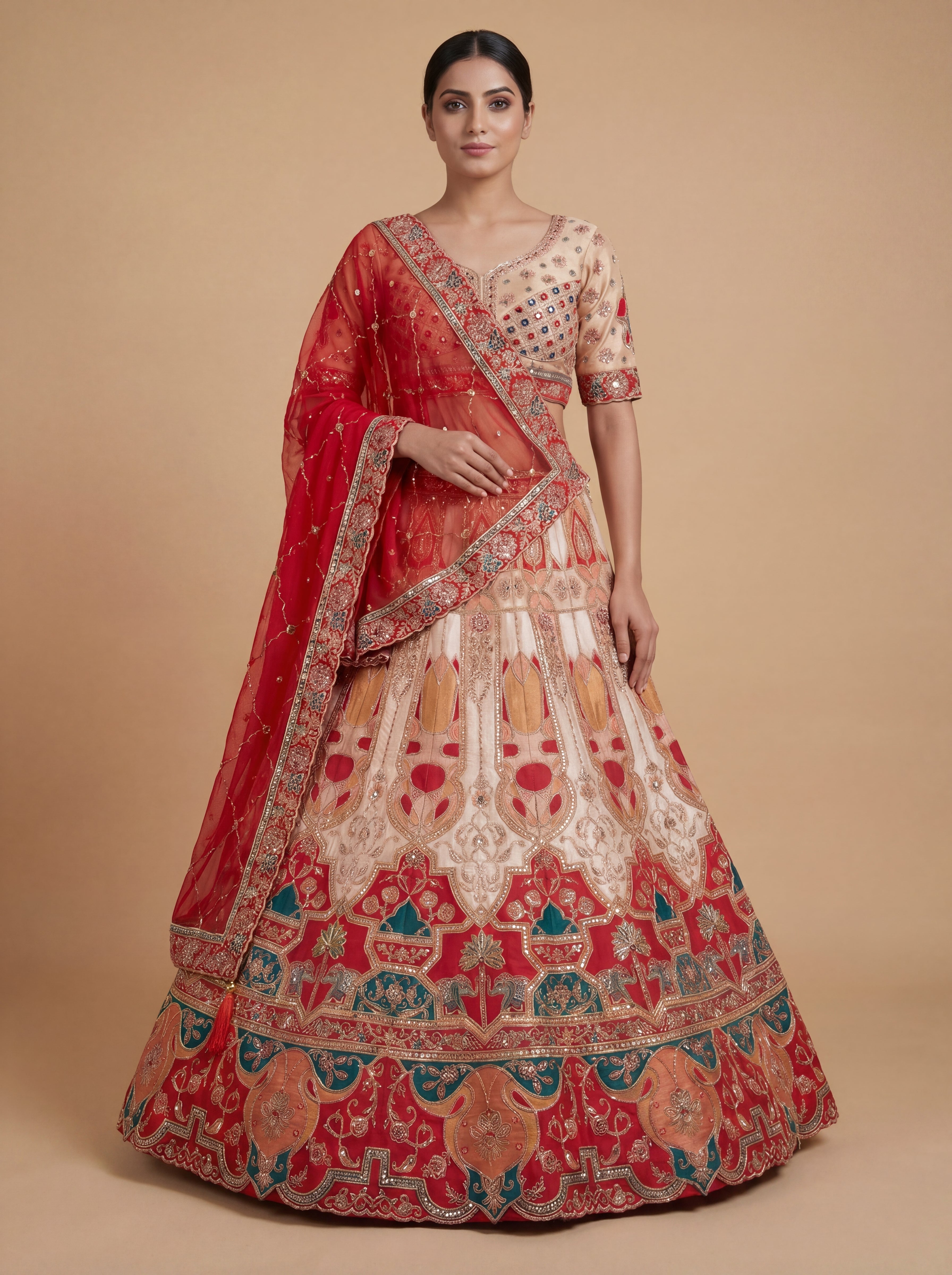 Coral Peach Viscose Sequins Embroidered Bridal Lehenga Choli Set