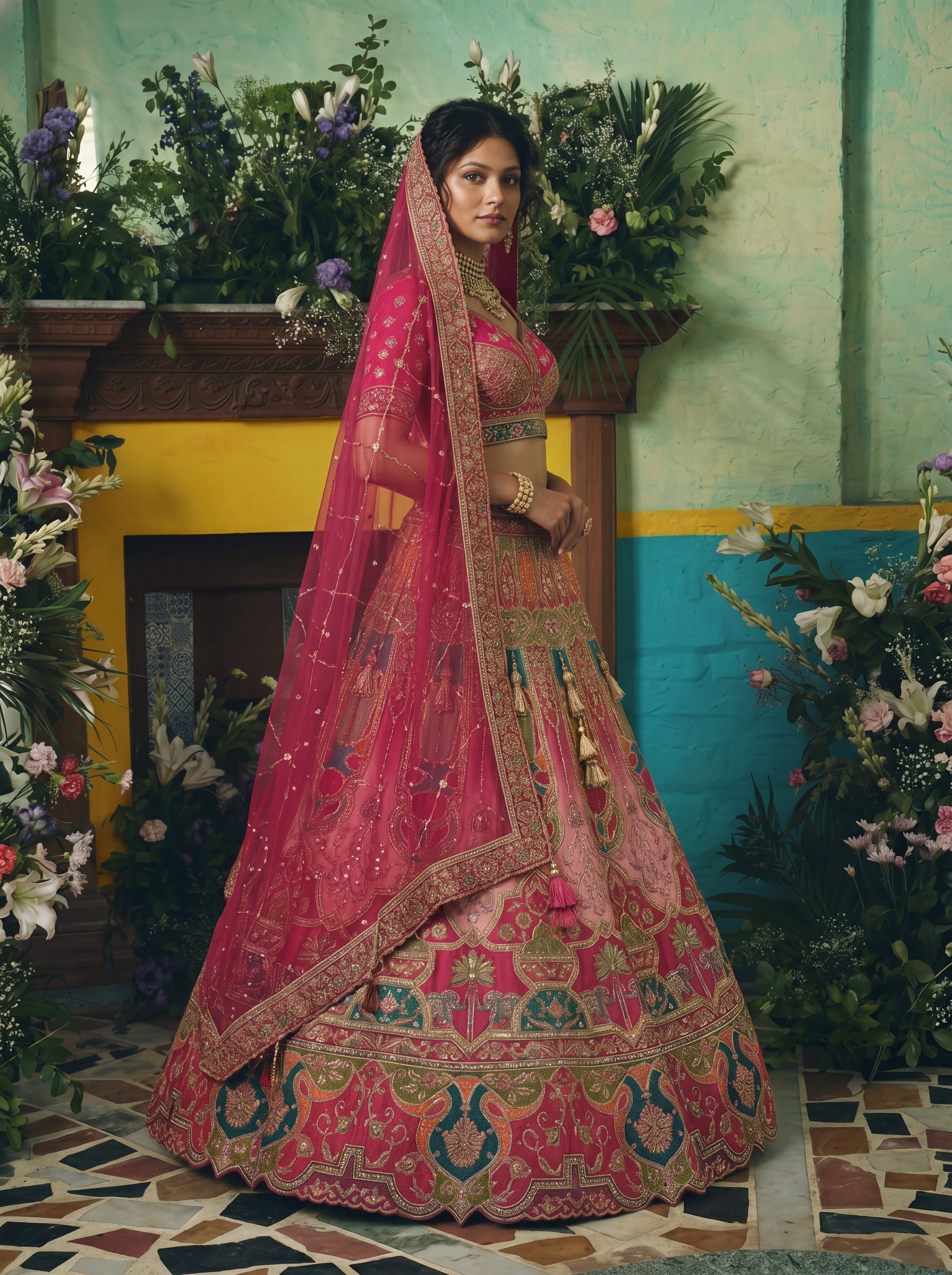 Coral Peach Viscose Sequins Cording Bridal Lehenga Choli Set