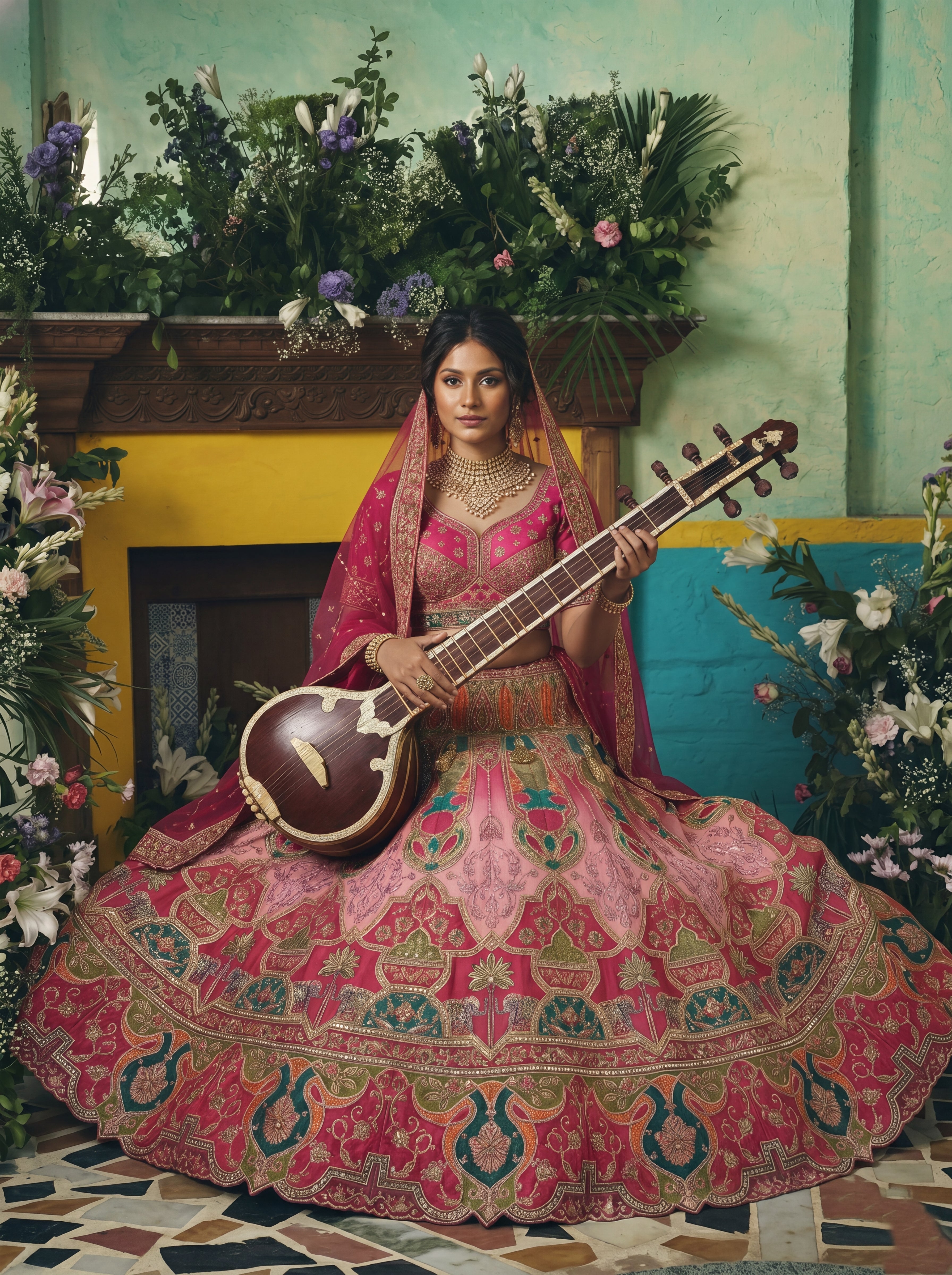 Coral Peach Viscose Sequins Cording Bridal Lehenga Choli Set