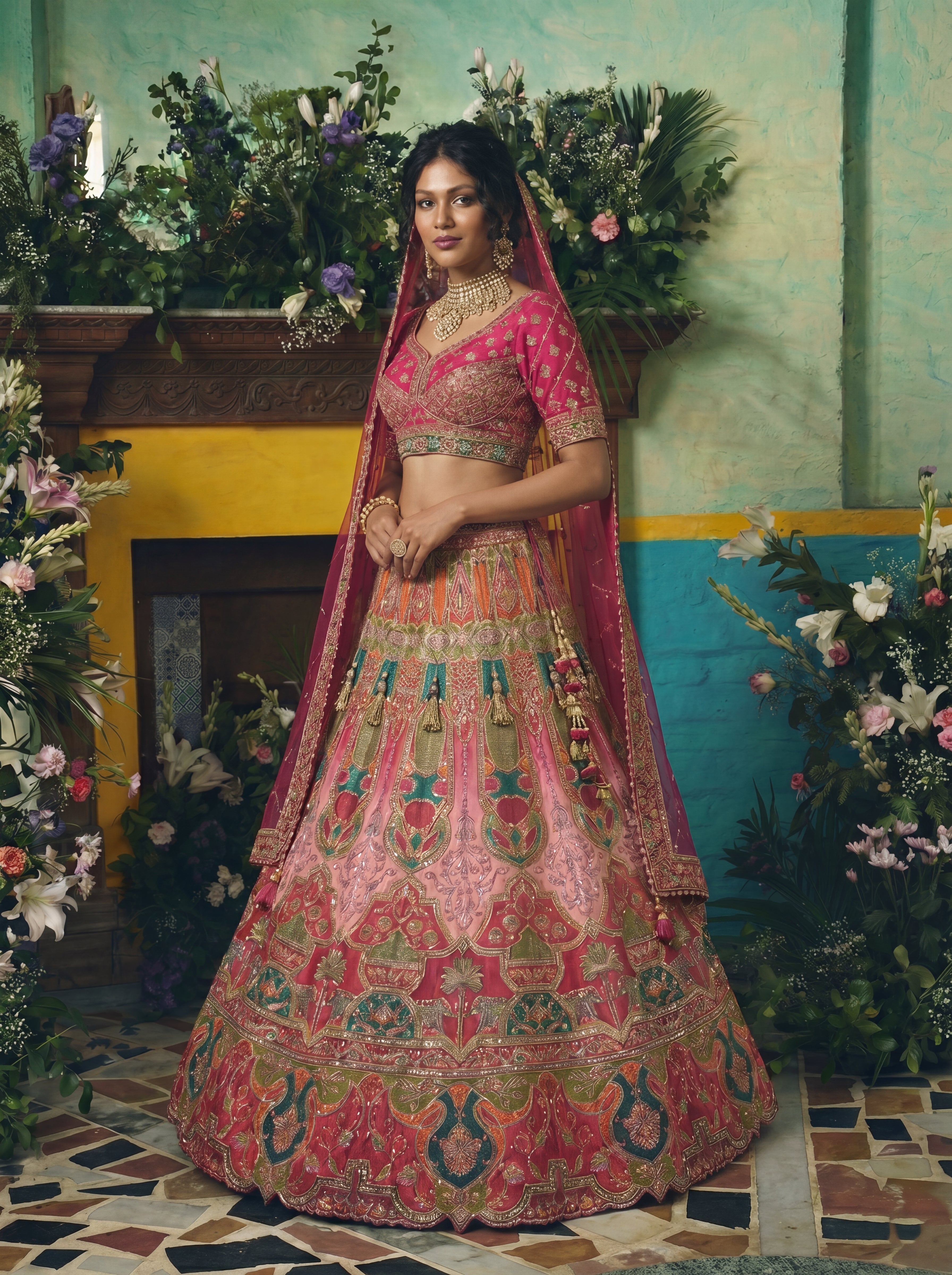 Coral Peach Viscose Sequins Cording Bridal Lehenga Choli Set