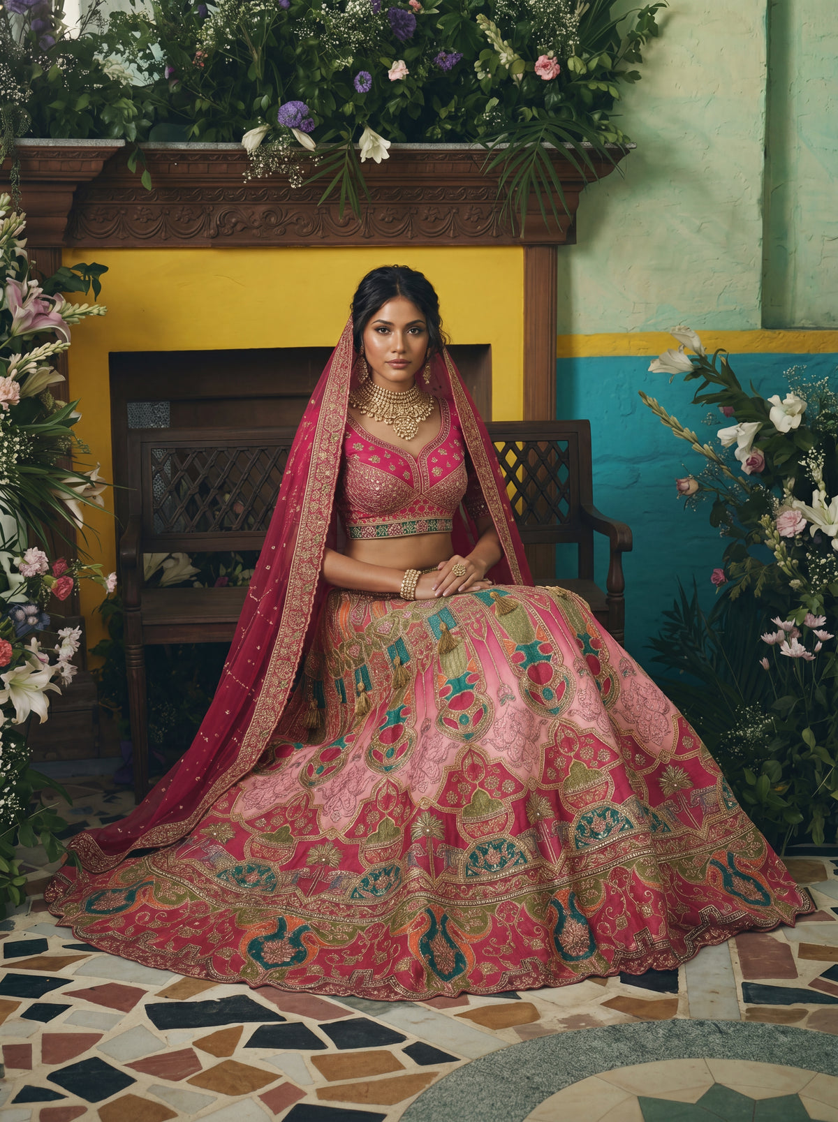 Coral Peach Viscose Sequins Cording Bridal Lehenga Choli Set