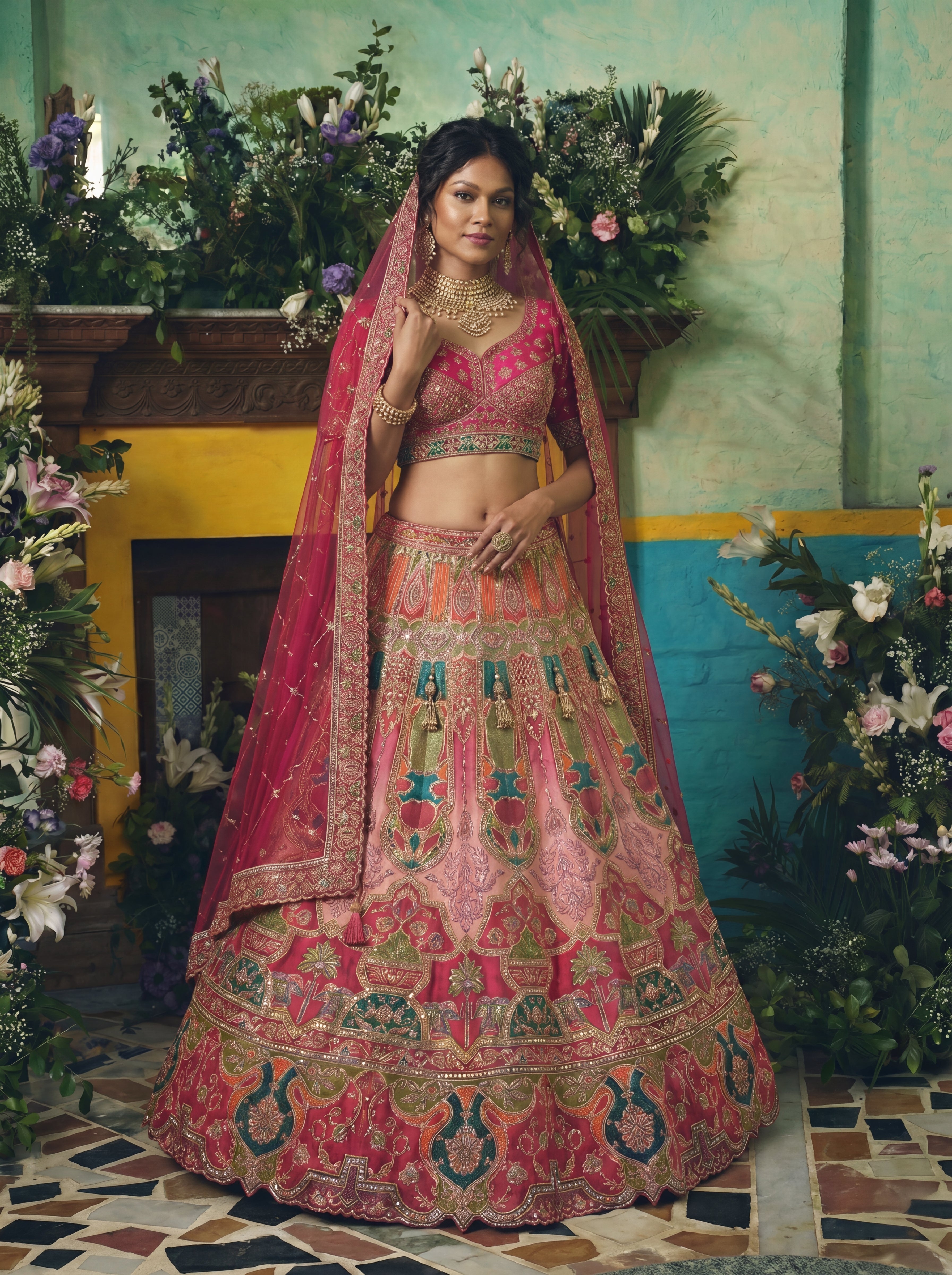 Coral Peach Viscose Sequins Cording Bridal Lehenga Choli Set