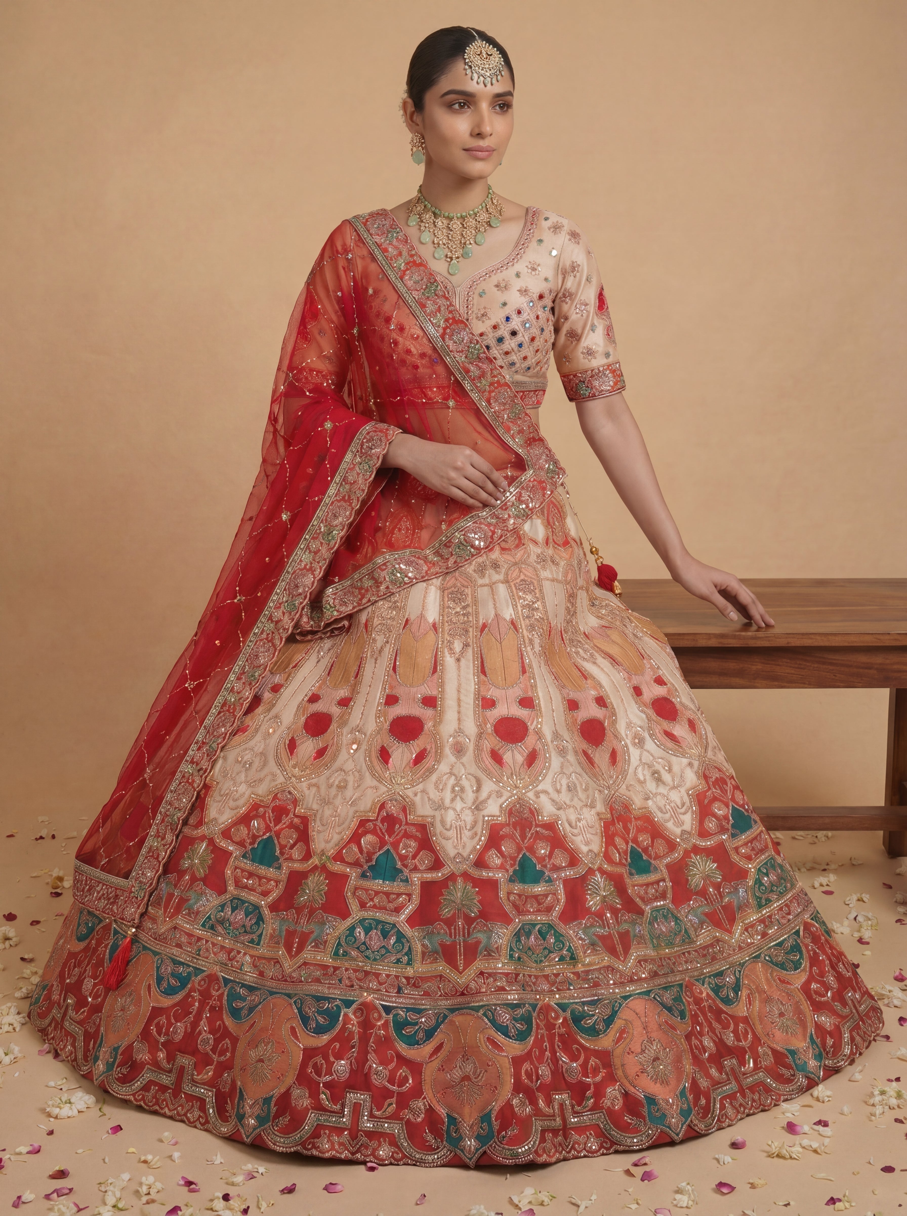 Coral Peach Viscose Sequins Embroidered Bridal Lehenga Choli Set