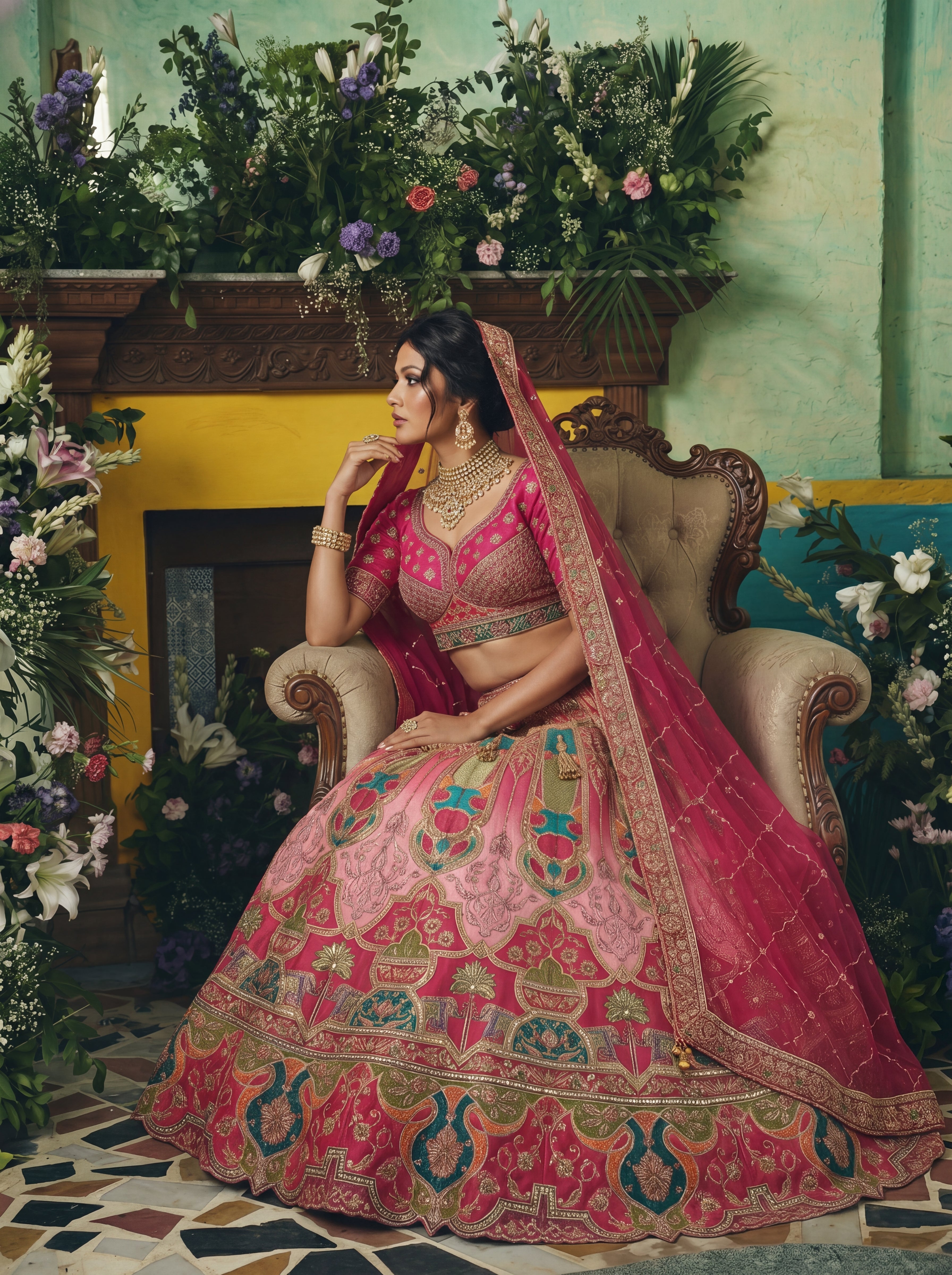 Coral Peach Viscose Sequins Cording Bridal Lehenga Choli Set