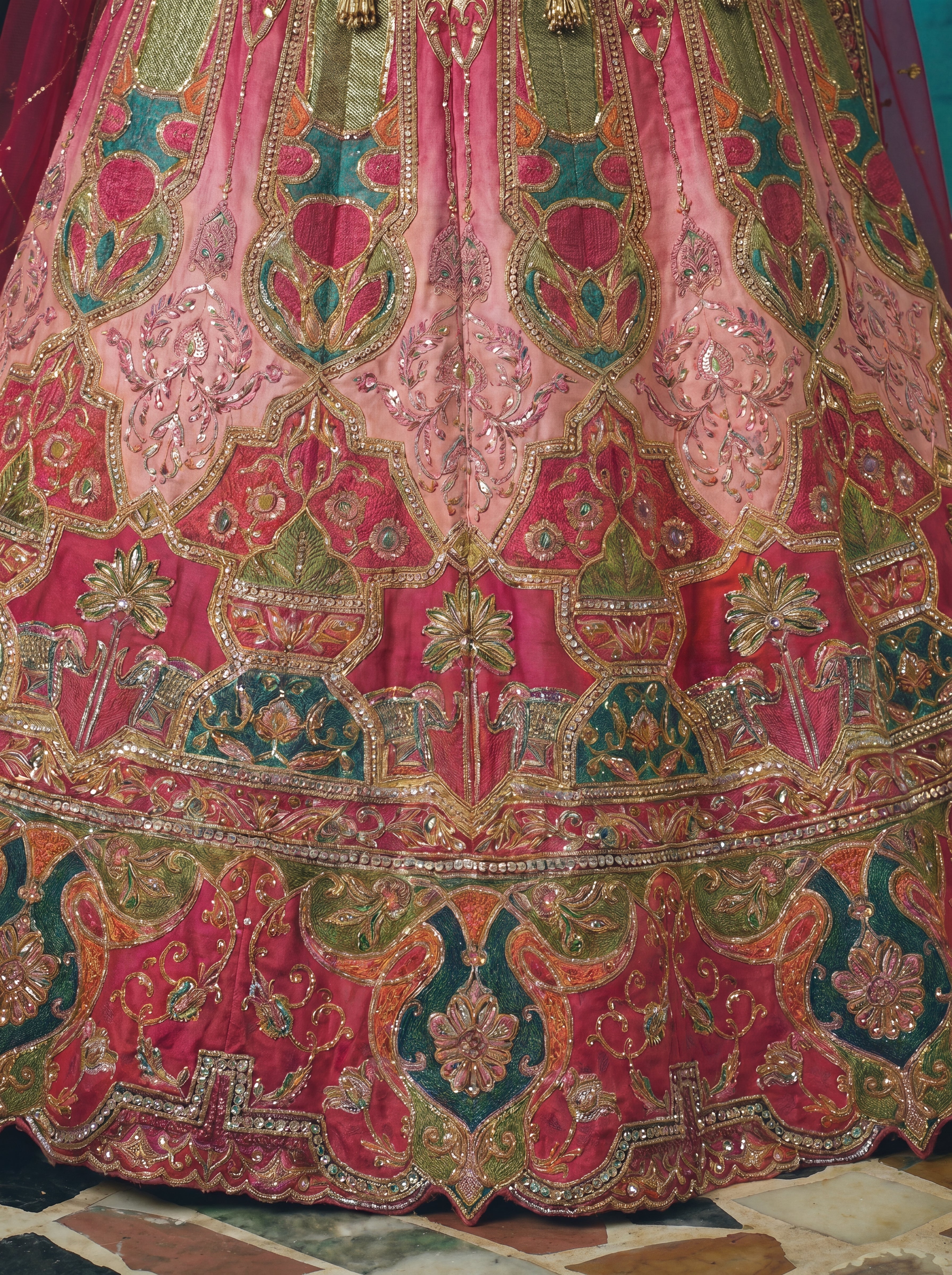Coral Peach Viscose Sequins Cording Bridal Lehenga Choli Set