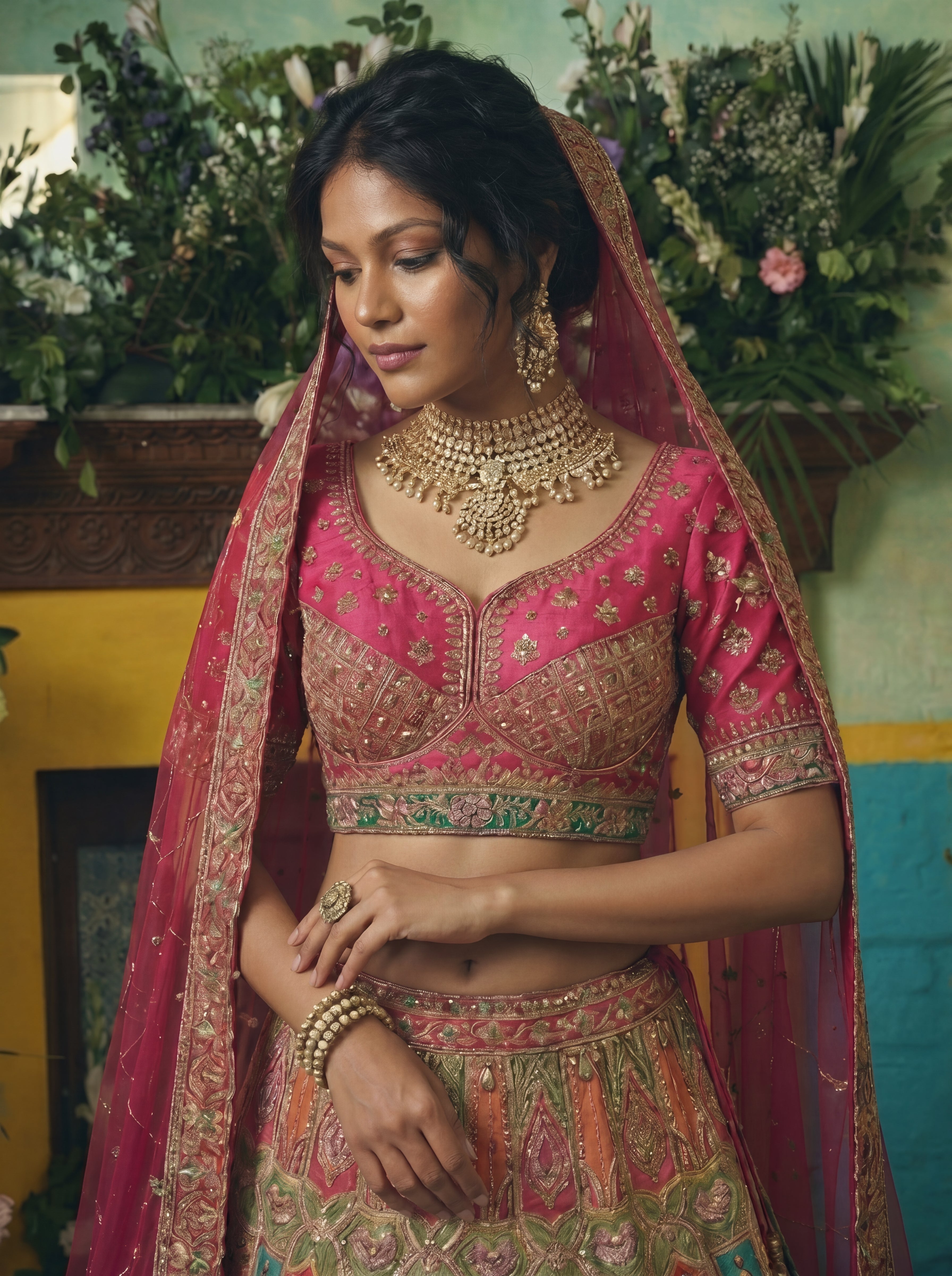 Coral Peach Viscose Sequins Cording Bridal Lehenga Choli Set