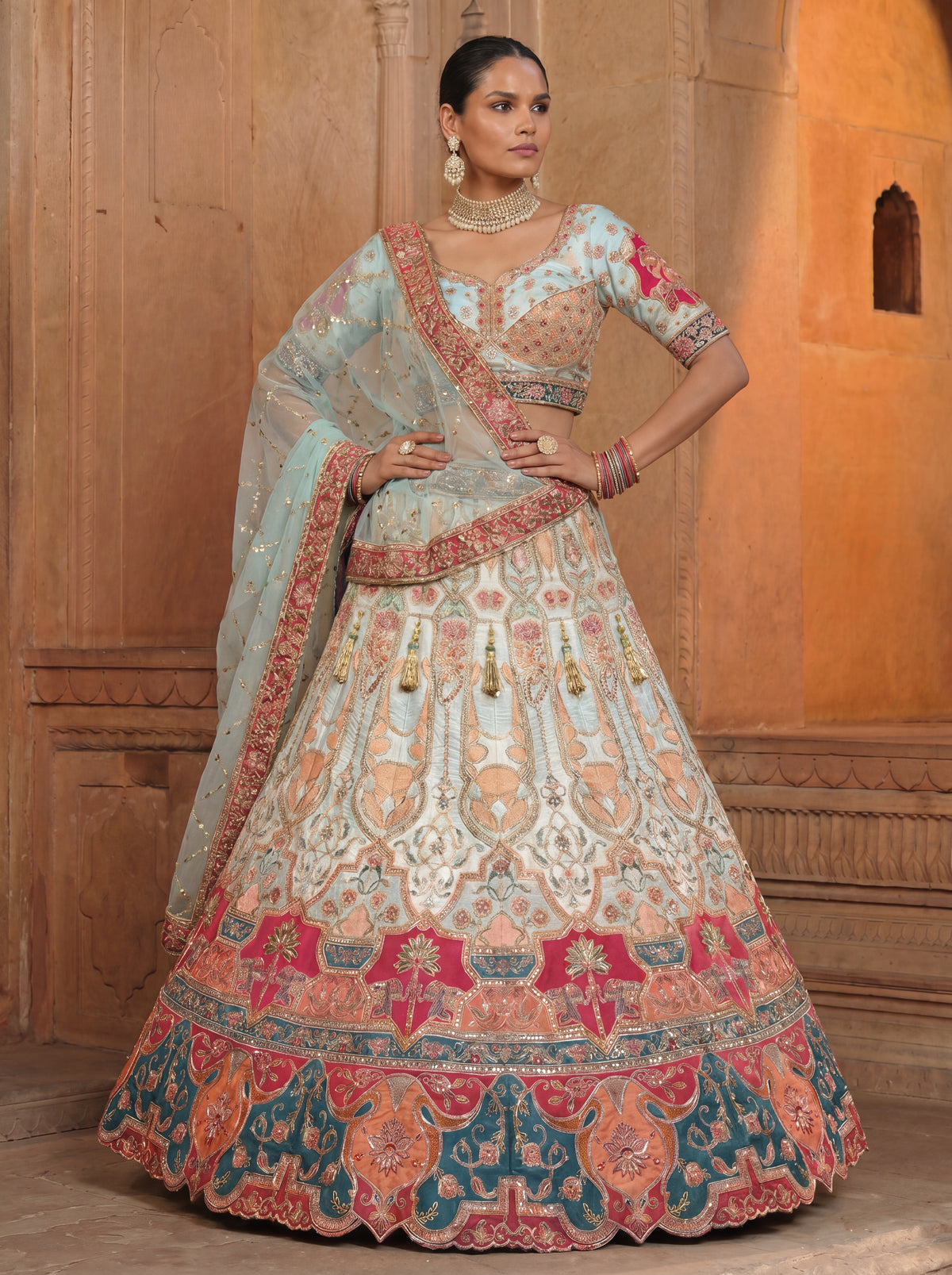 Sky Blue Heavy Embroidered Bridal Lehenga Choli With Dupatta