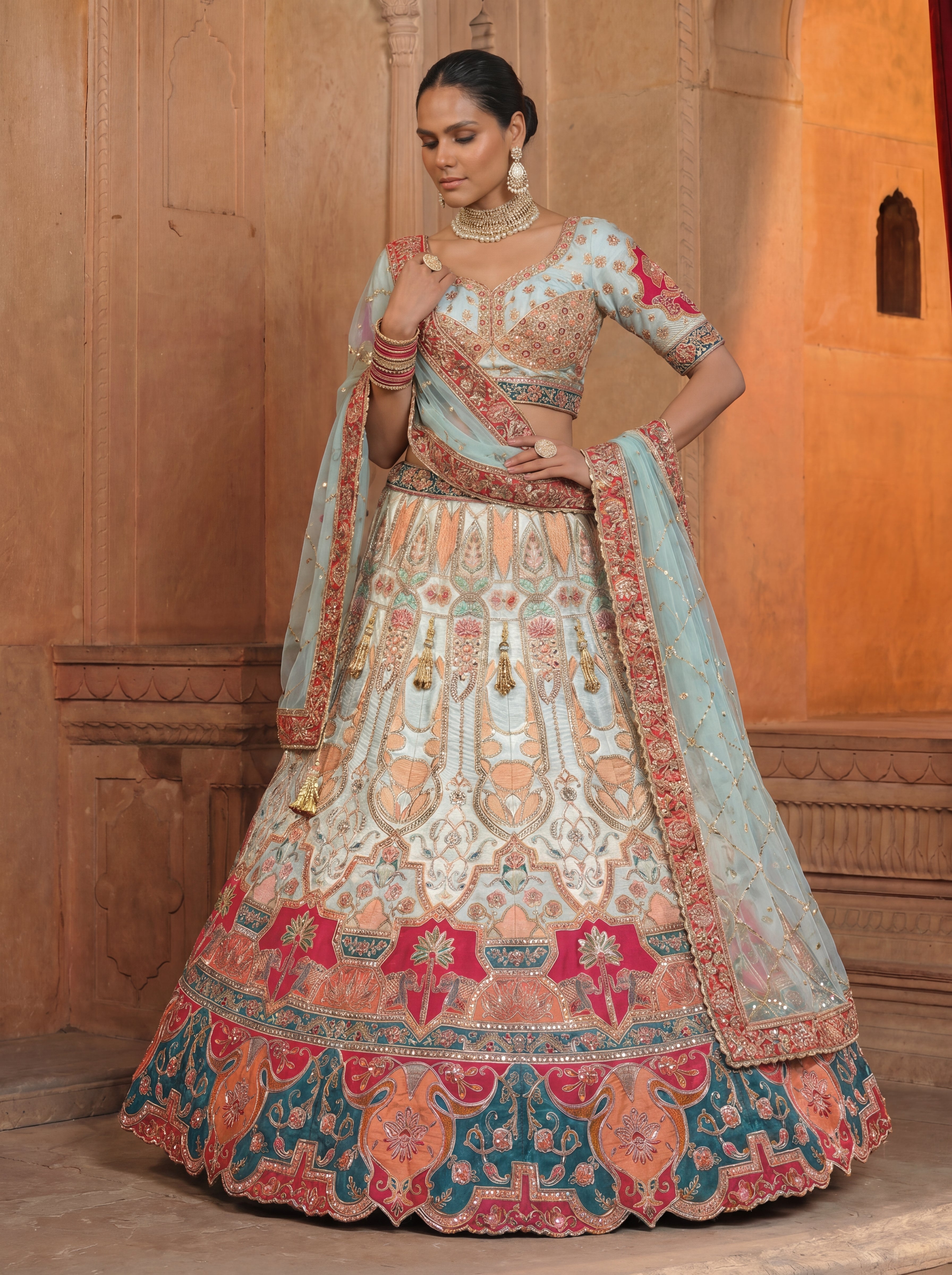 Sky Blue Heavy Embroidered Bridal Lehenga Choli With Dupatta