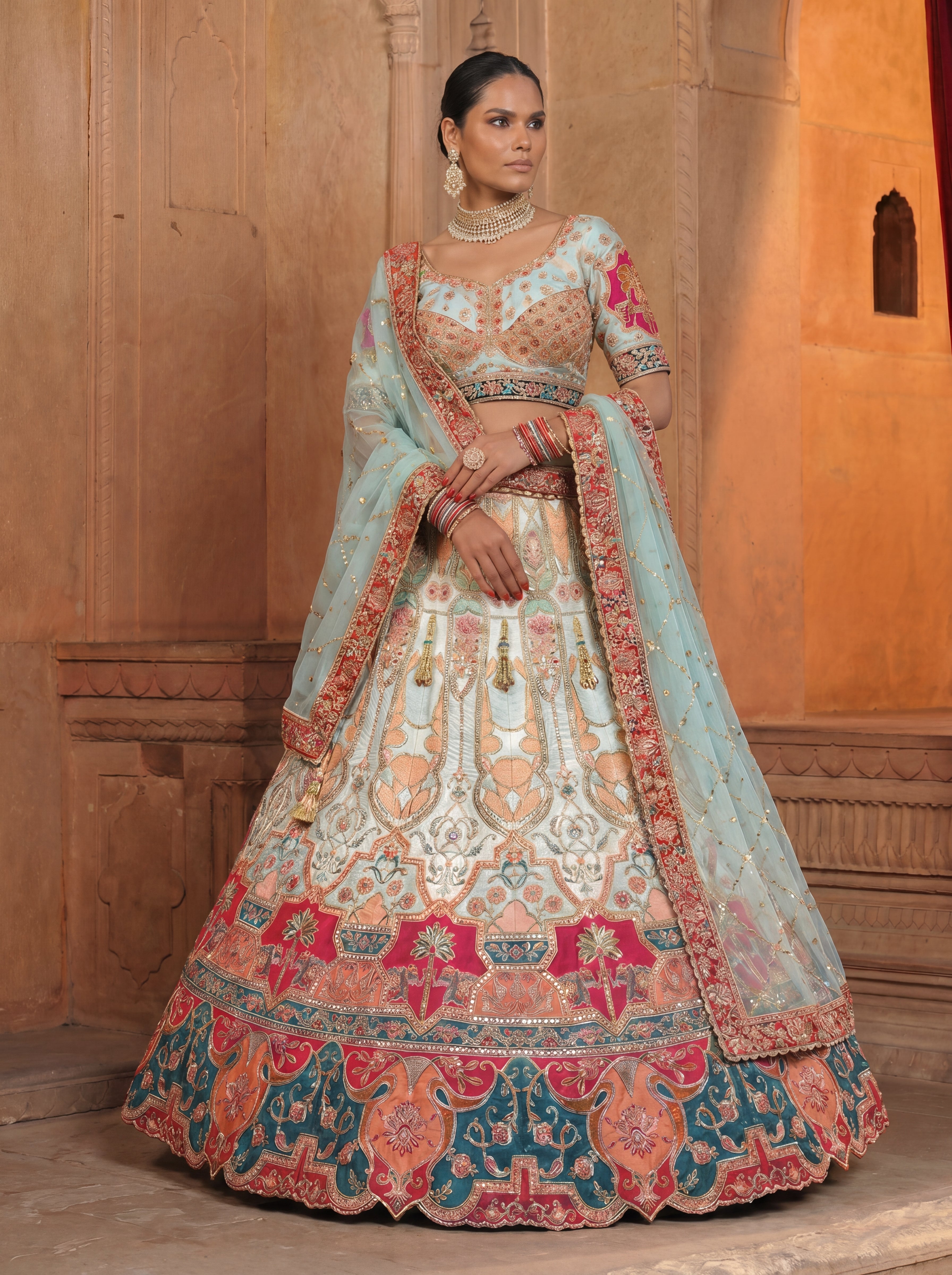 Sky Blue Heavy Embroidered Bridal Lehenga Choli With Dupatta