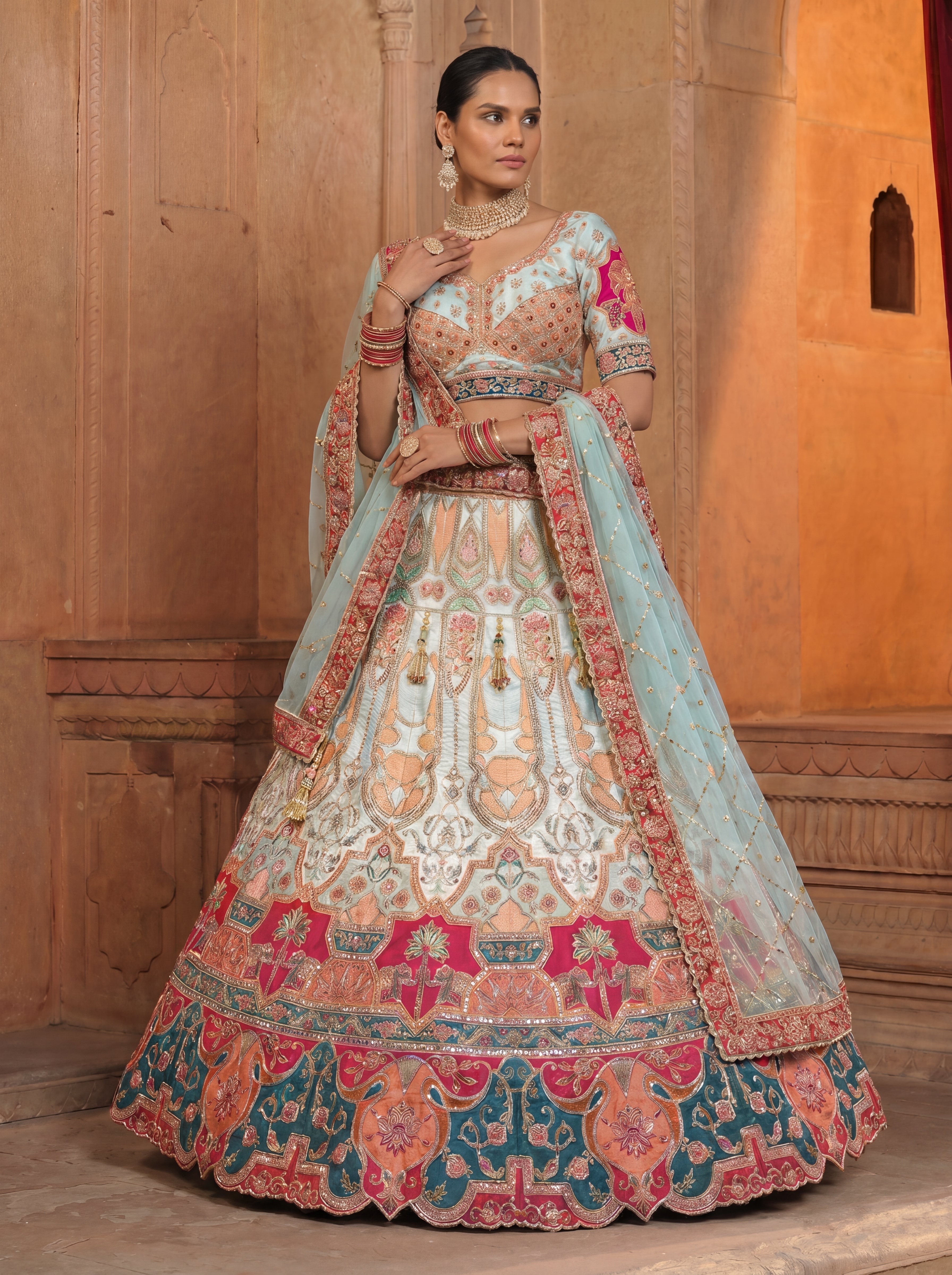 Sky Blue Heavy Embroidered Bridal Lehenga Choli With Dupatta