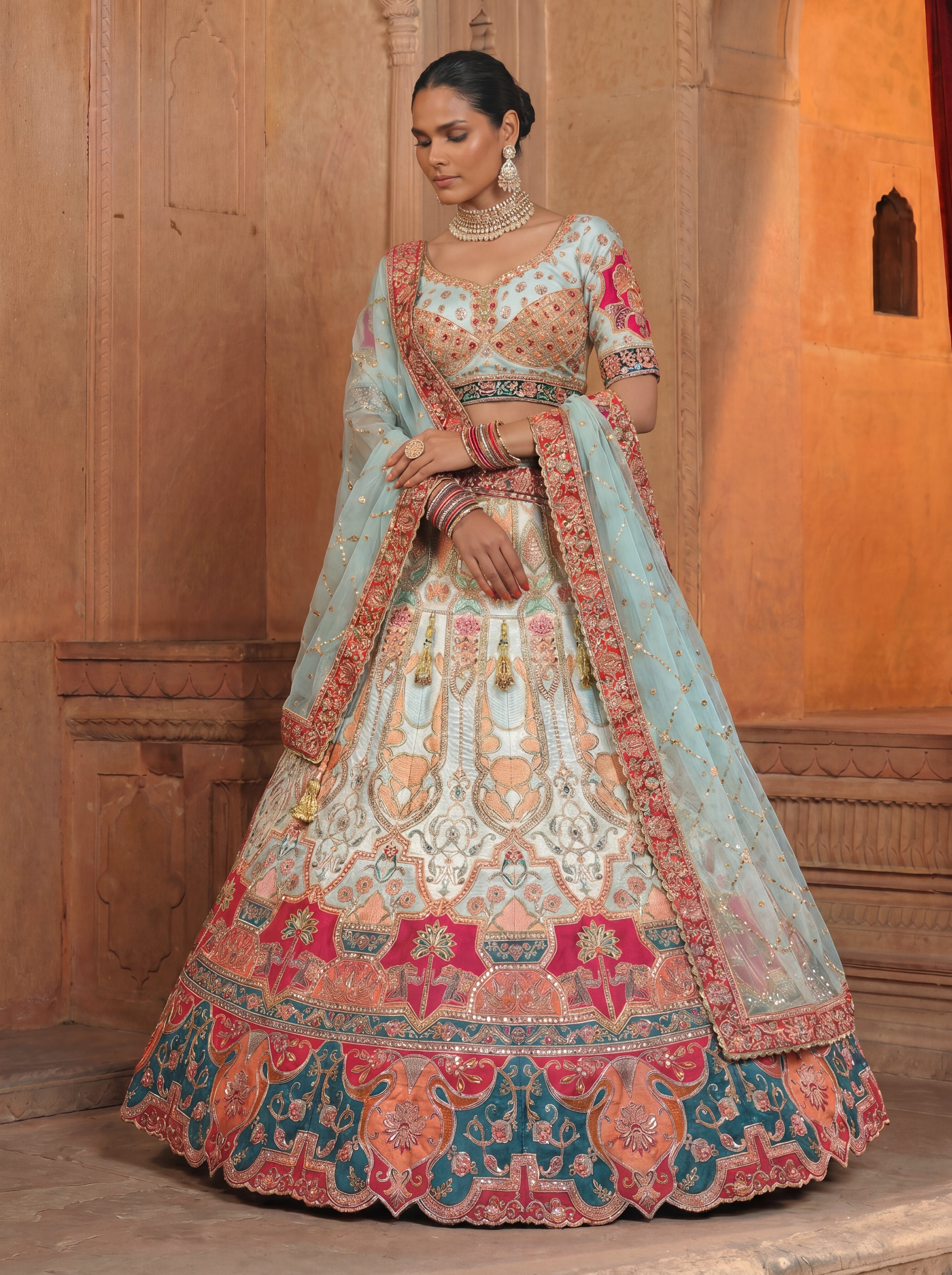 Sky Blue Heavy Embroidered Bridal Lehenga Choli With Dupatta