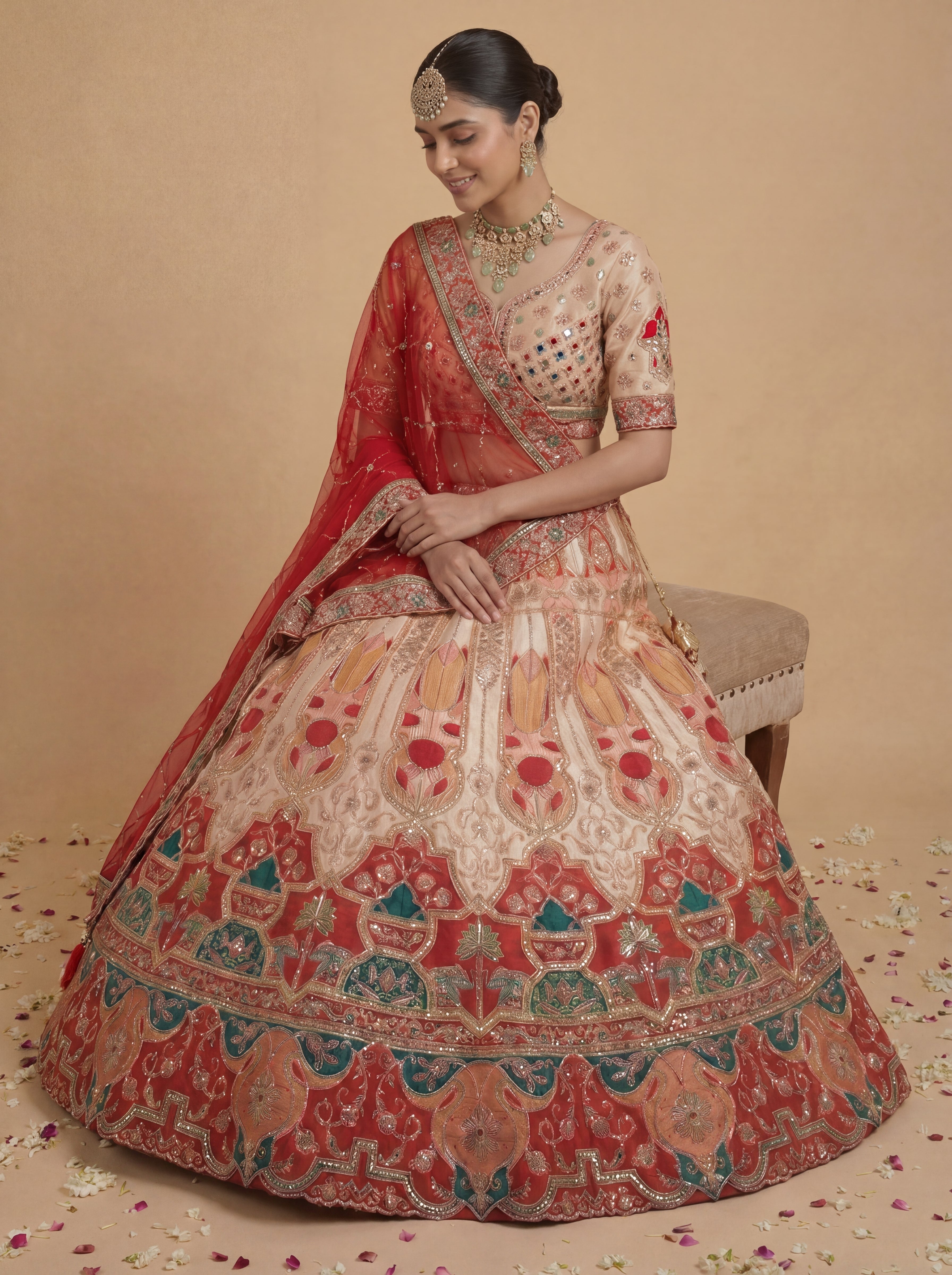 Coral Peach Viscose Sequins Embroidered Bridal Lehenga Choli Set