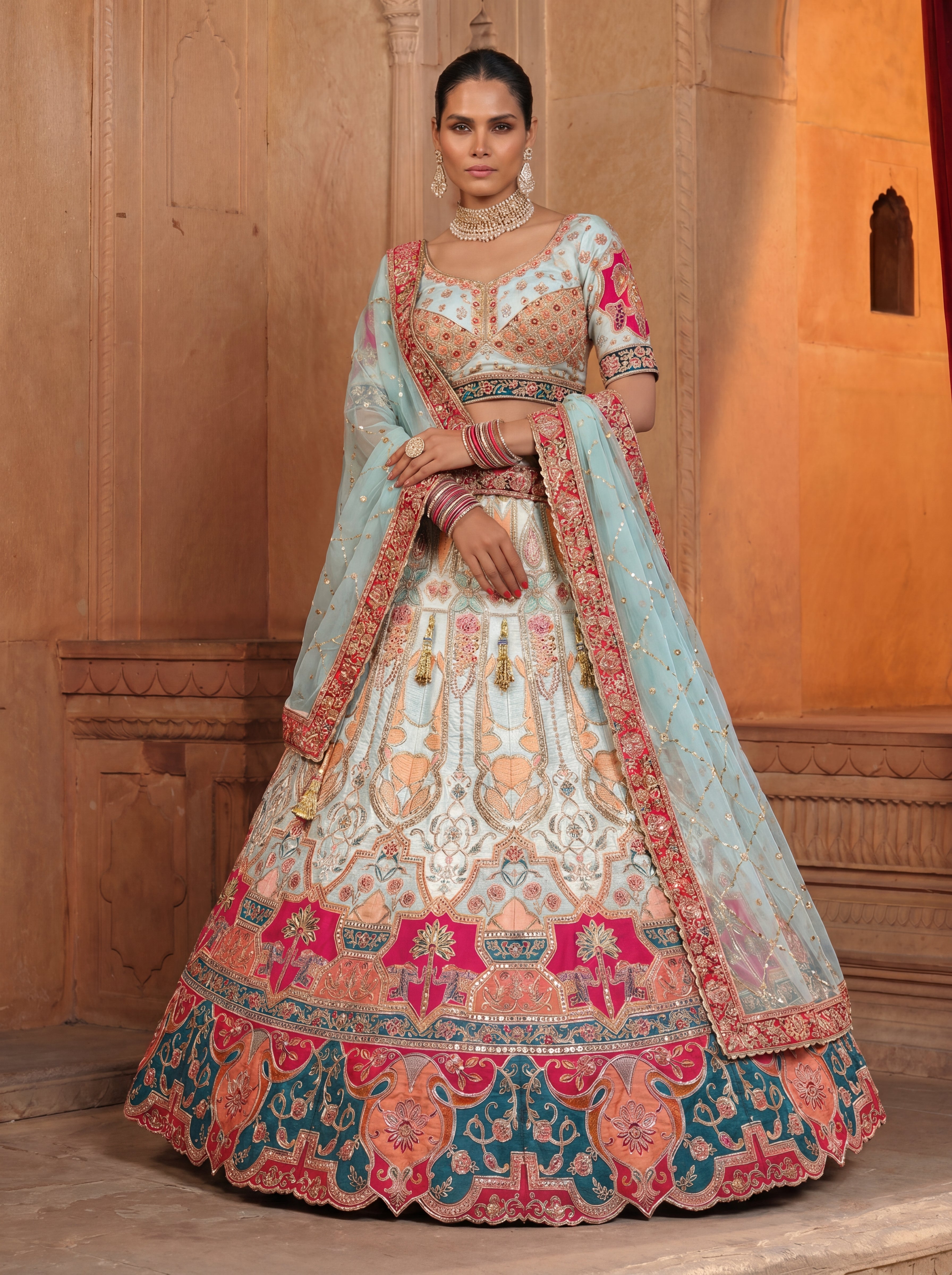 Sky Blue Heavy Embroidered Bridal Lehenga Choli With Dupatta