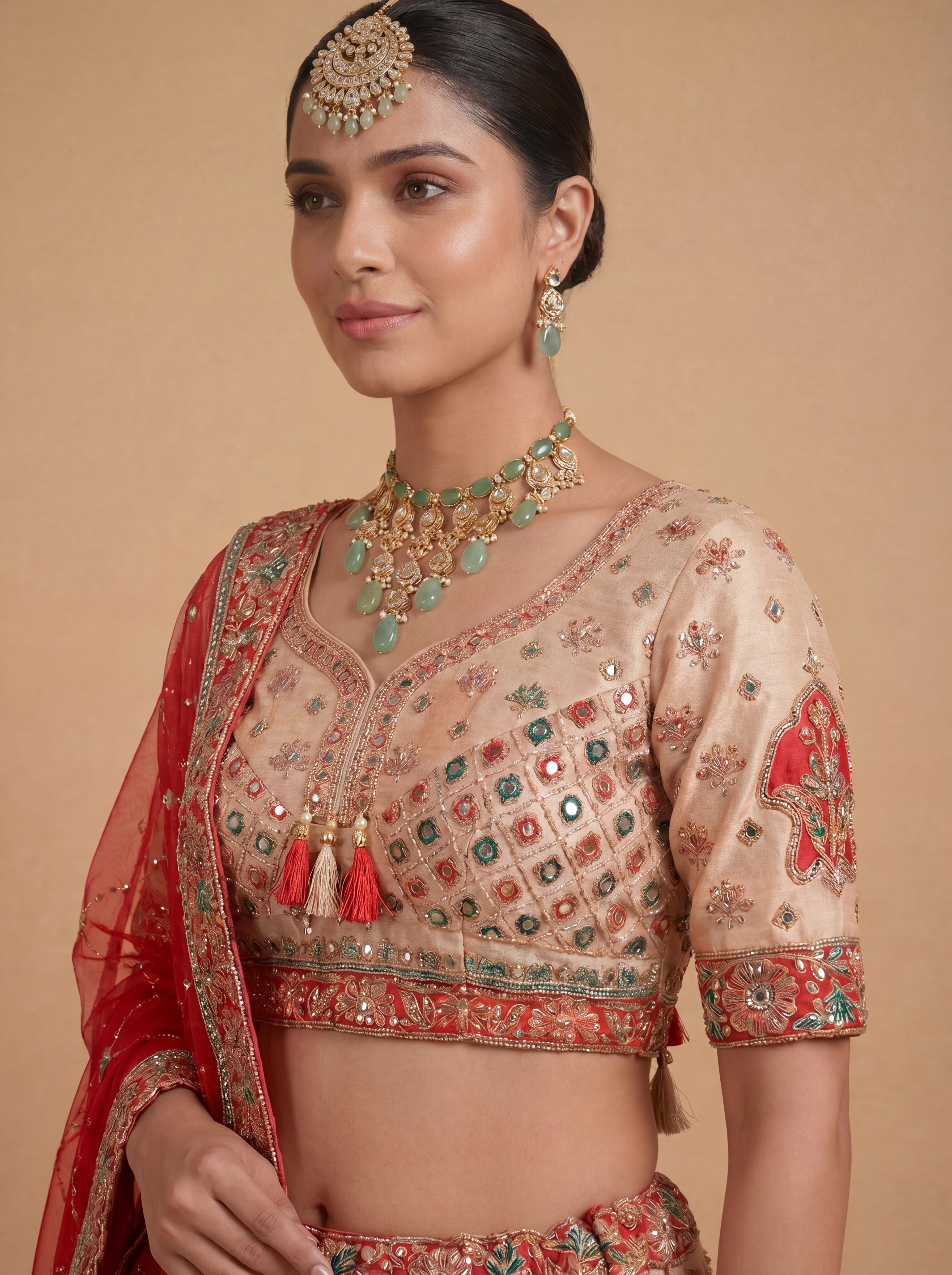 Coral Peach Viscose Sequins Embroidered Bridal Lehenga Choli Set