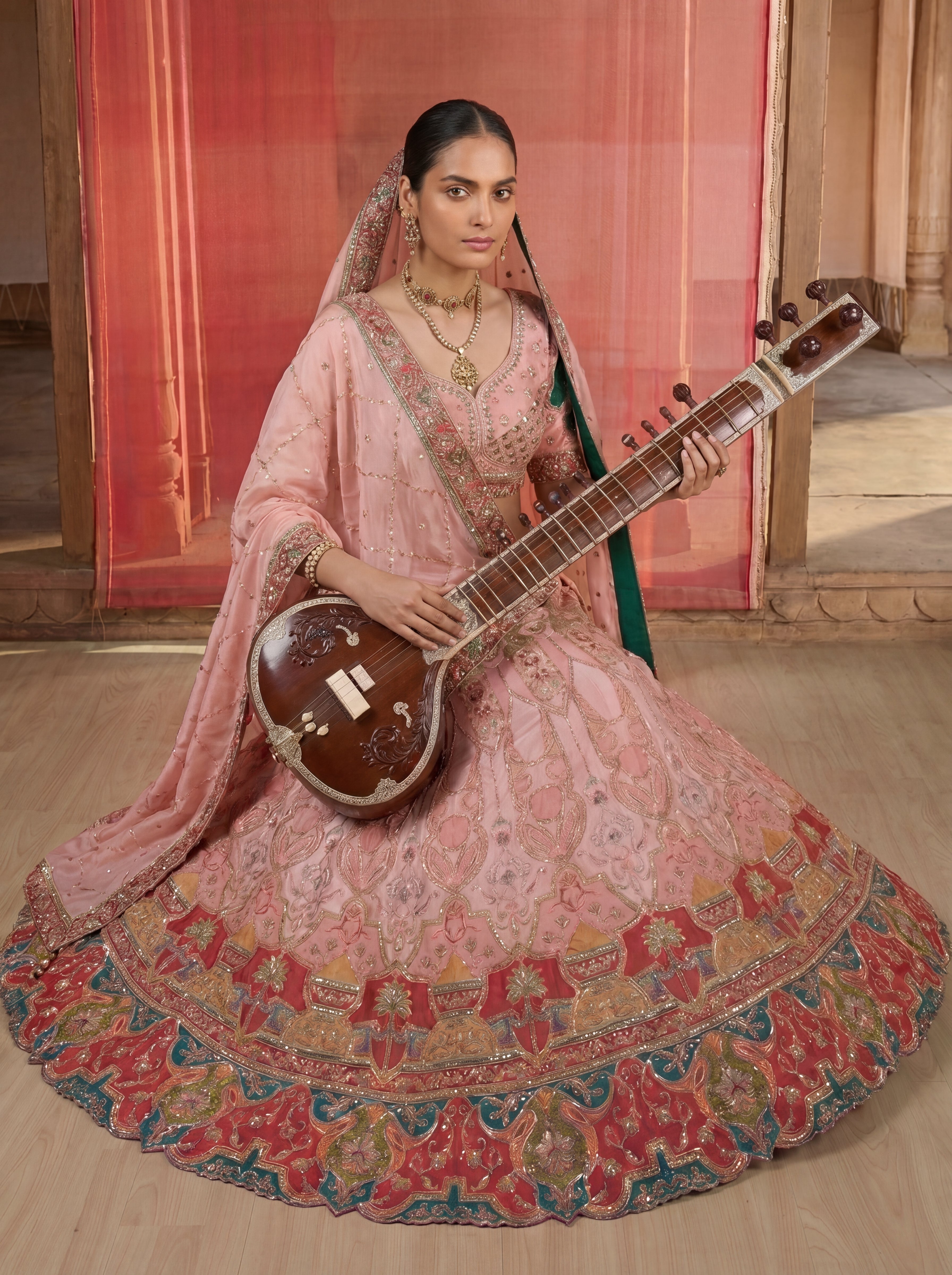 Blush Pink Viscose Sequins Embroidered Bridal Lehenga Choli Set