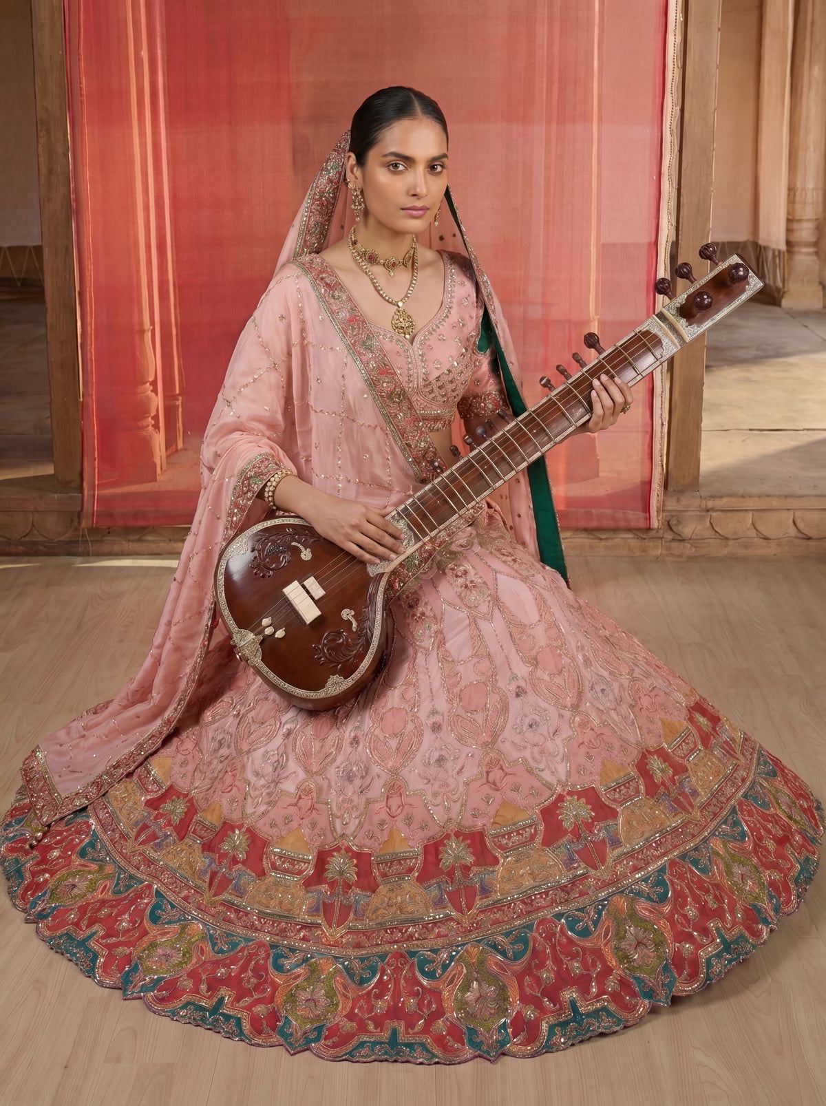 Blush Pink Viscose Sequins Embroidered Bridal Lehenga Choli Set
