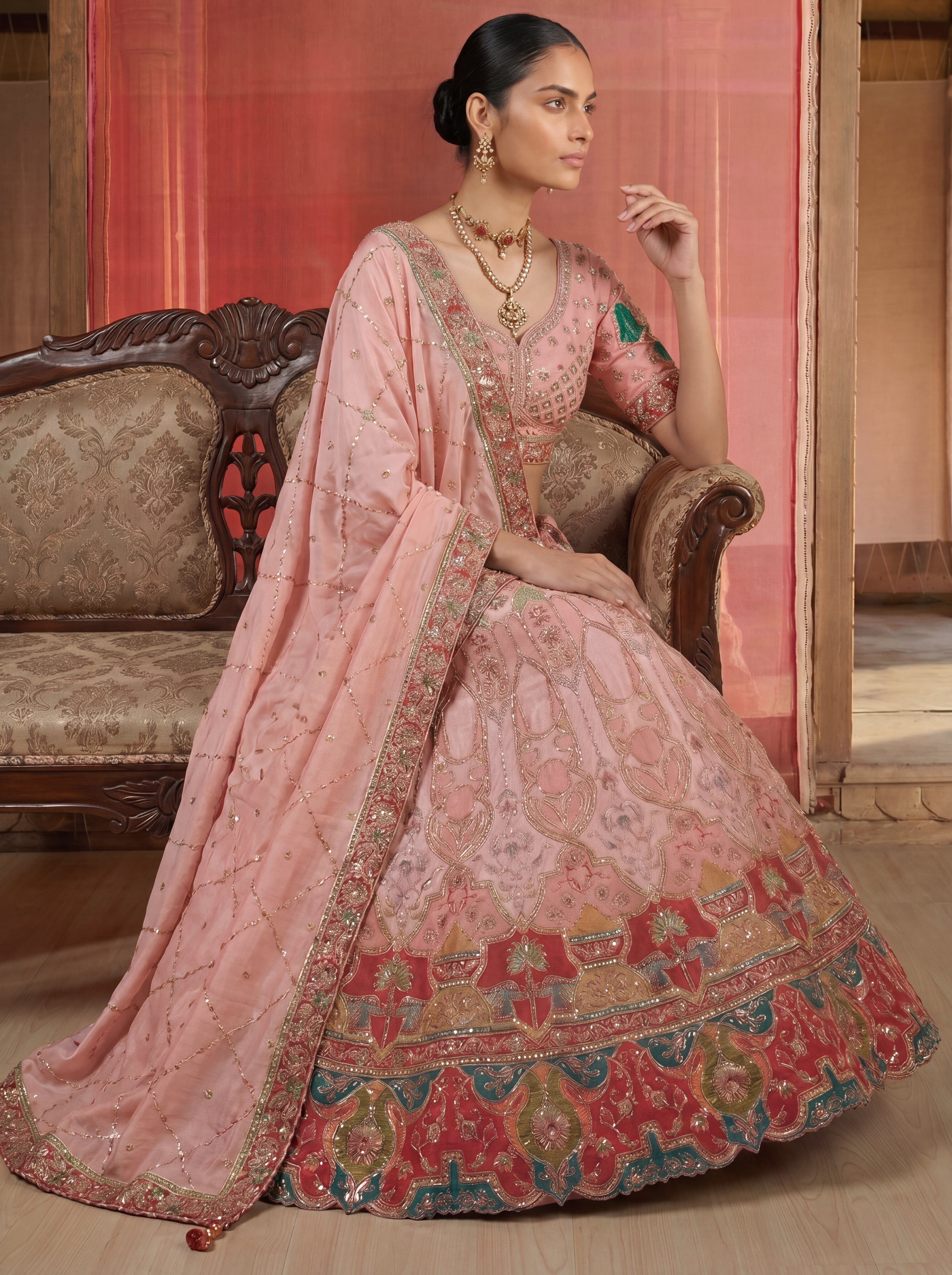 Blush Pink Viscose Sequins Embroidered Bridal Lehenga Choli Set