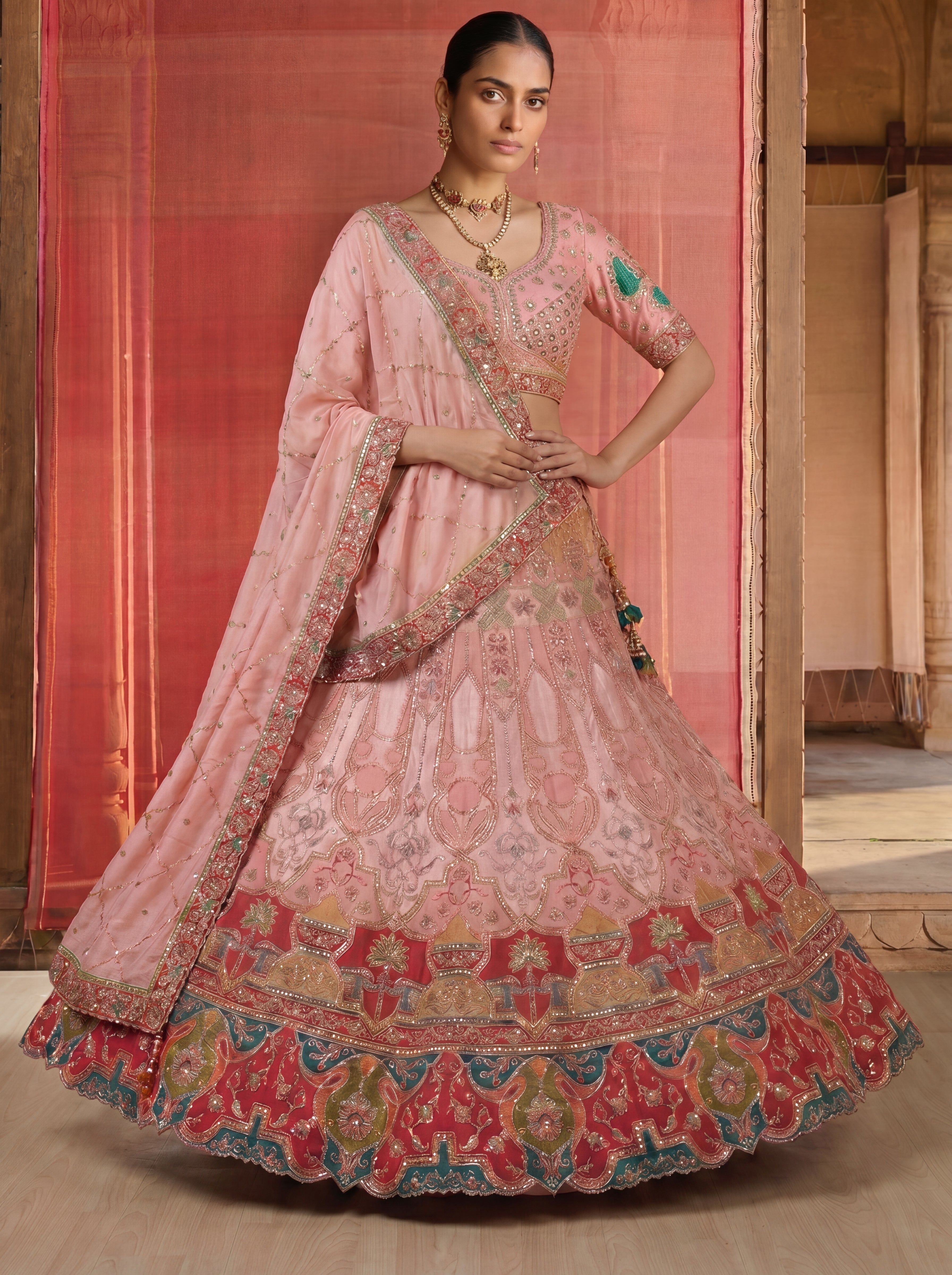 Blush Pink Viscose Sequins Embroidered Bridal Lehenga Choli Set