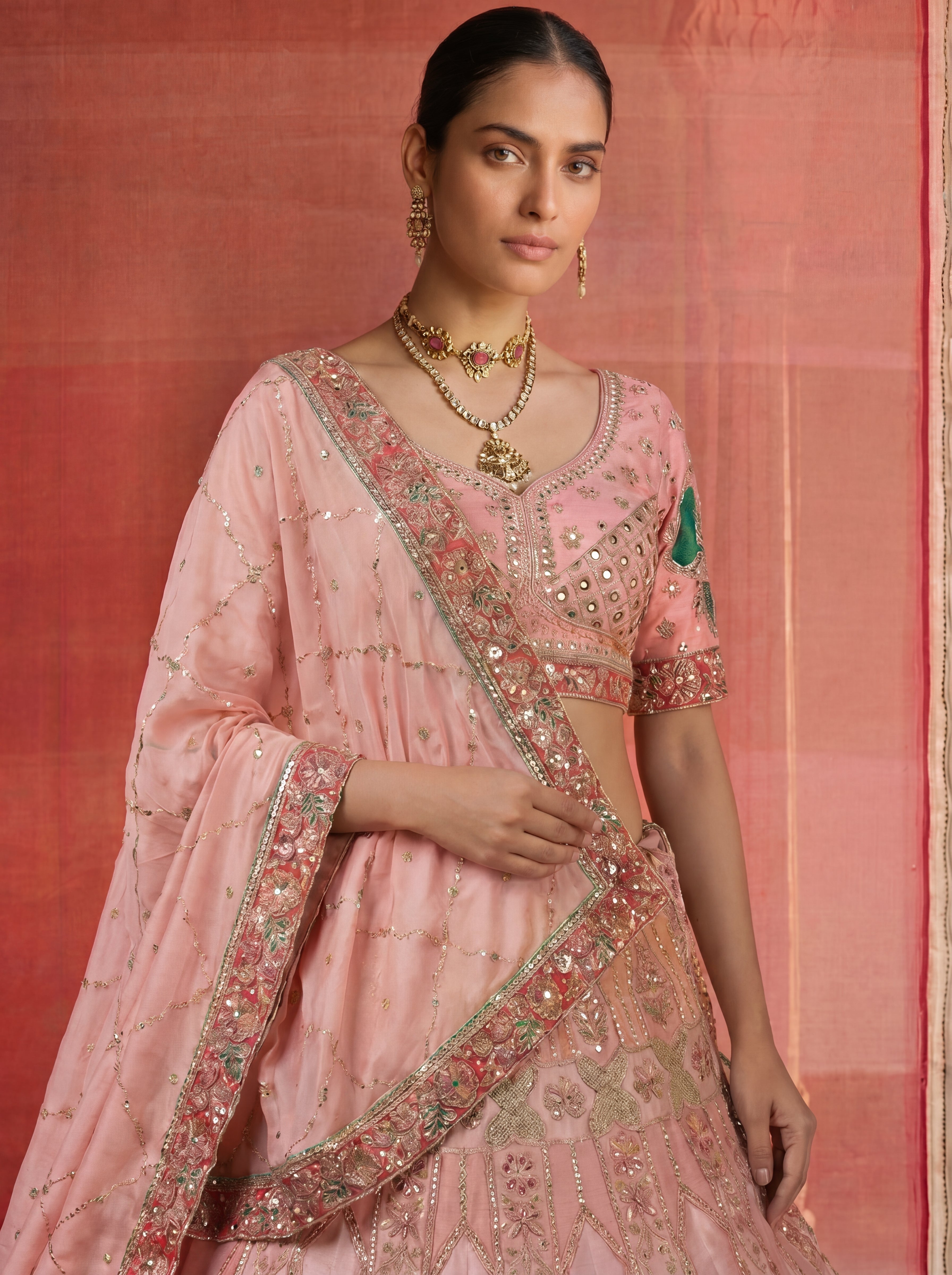 Blush Pink Viscose Sequins Embroidered Bridal Lehenga Choli Set