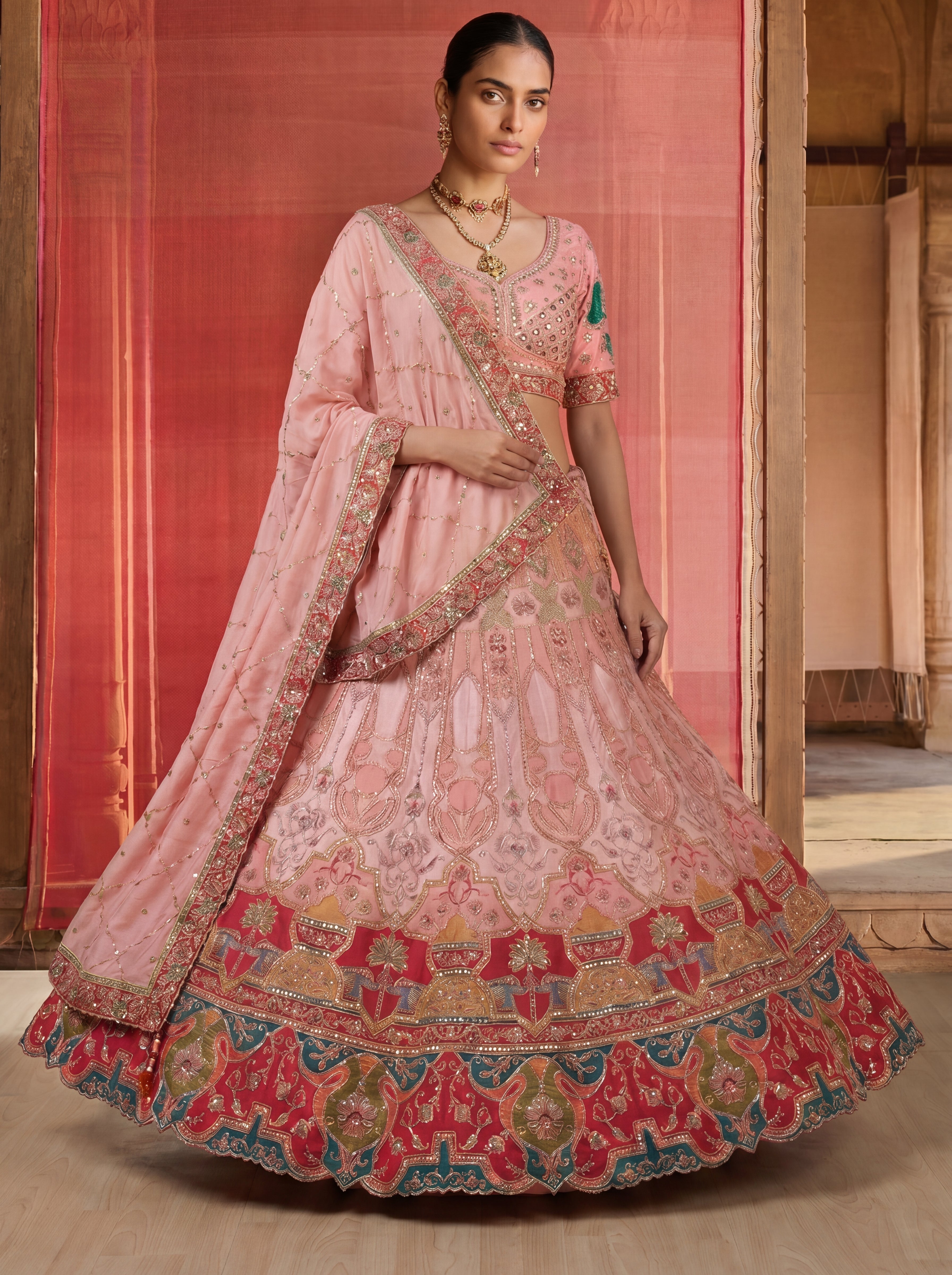 Blush Pink Viscose Sequins Embroidered Bridal Lehenga Choli Set