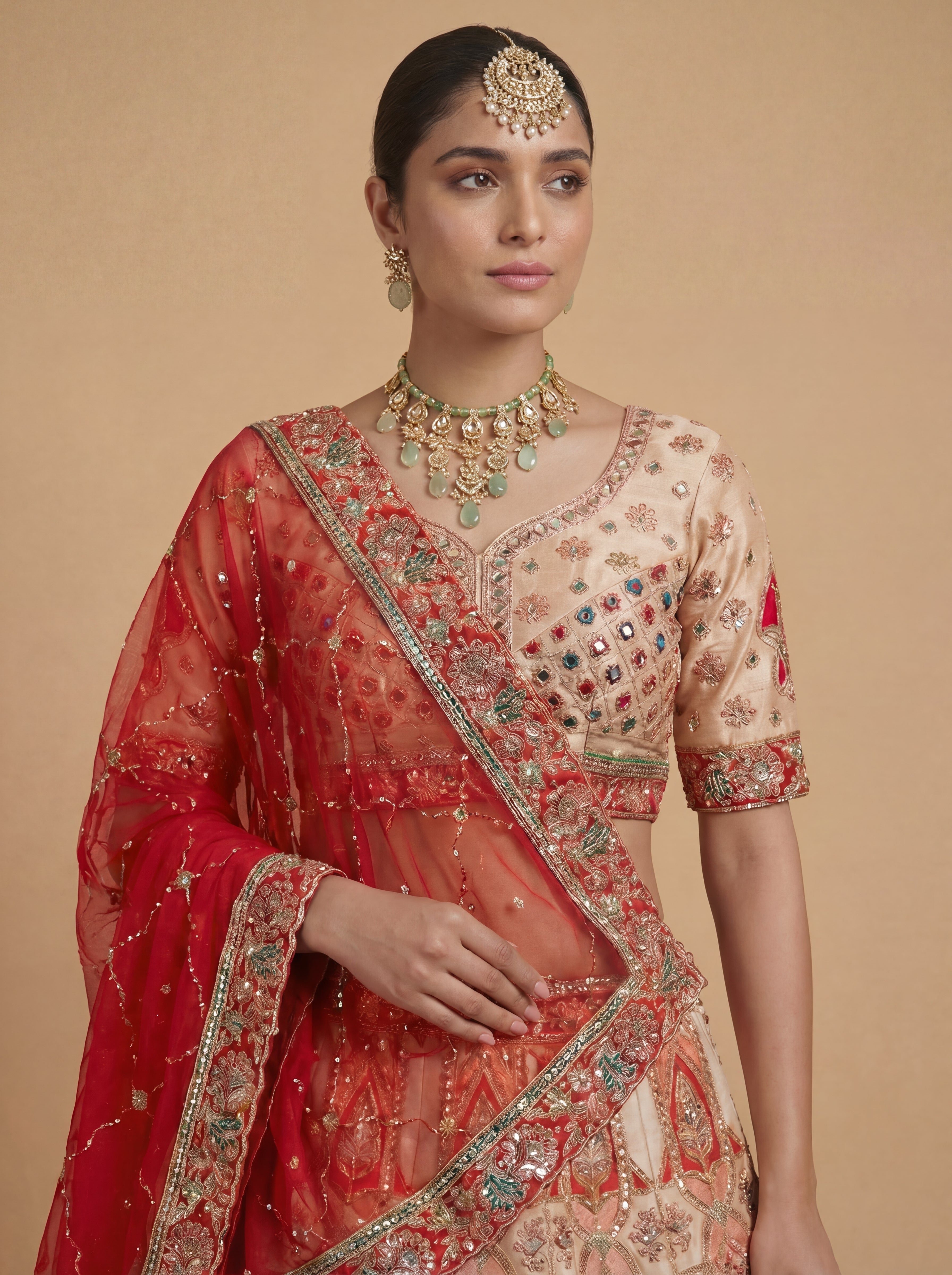 Coral Peach Viscose Sequins Embroidered Bridal Lehenga Choli Set