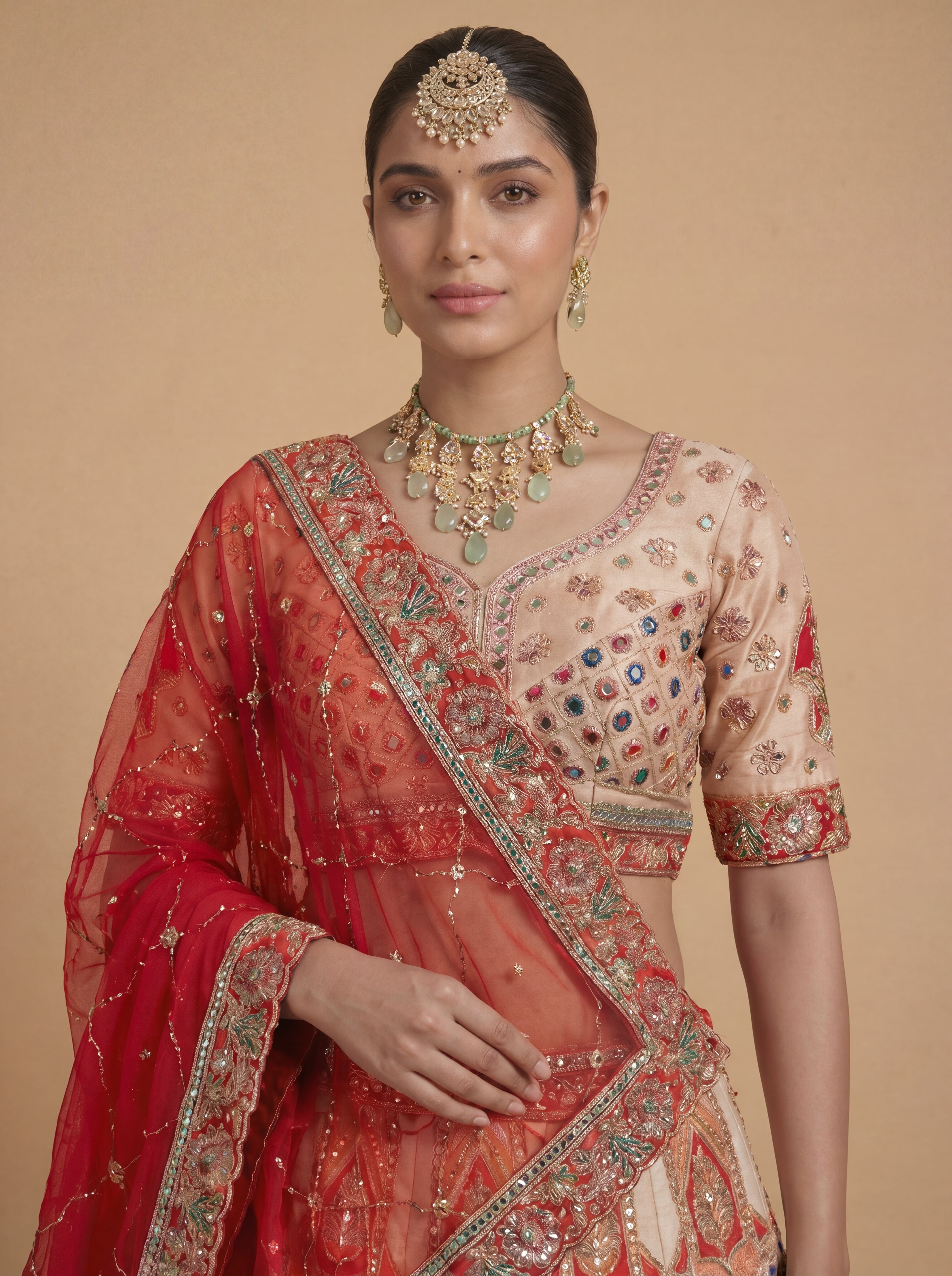 Coral Peach Viscose Sequins Embroidered Bridal Lehenga Choli Set